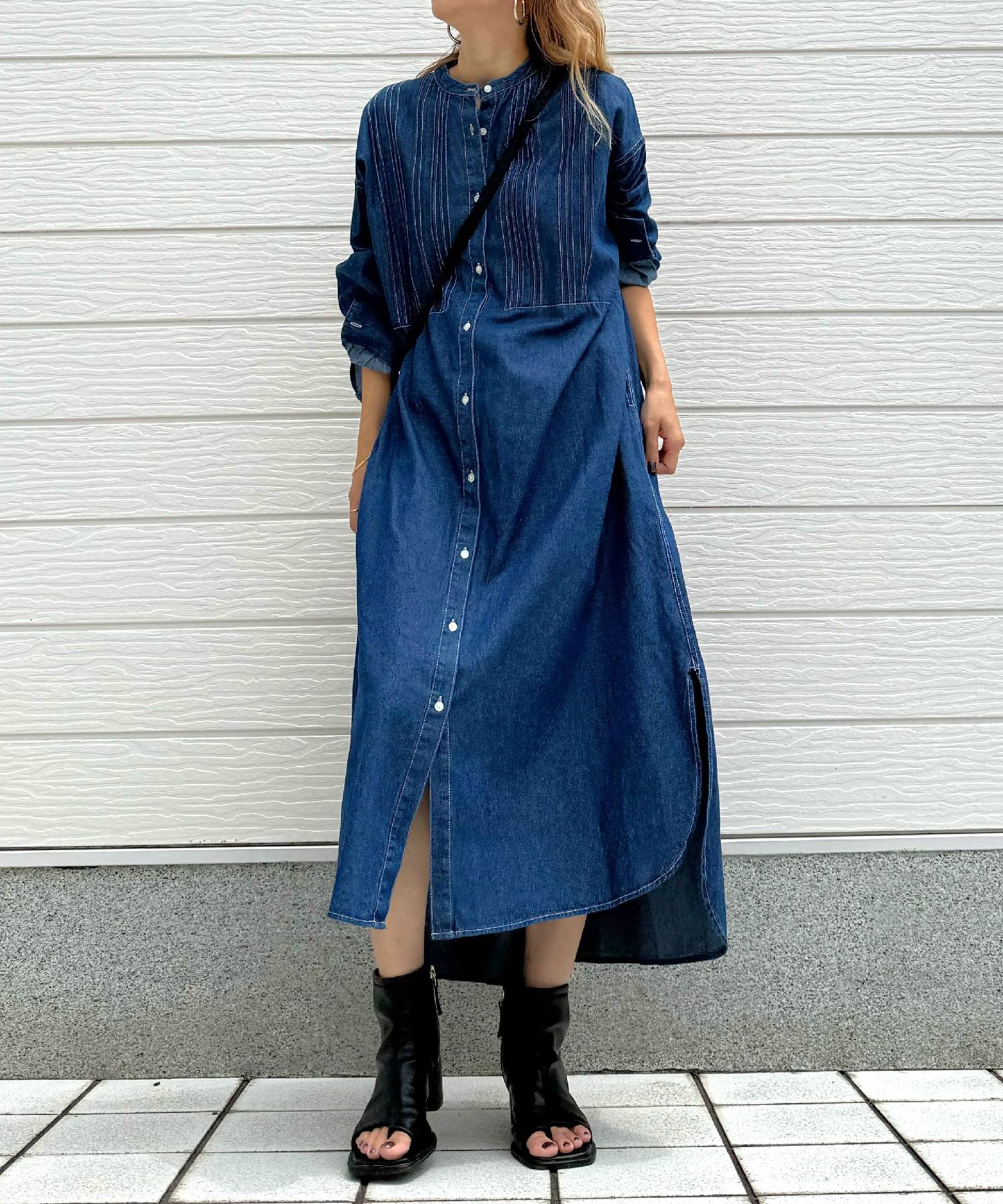 キュー Q ピンタックデニムワンピース （ネイビー） ネイビー