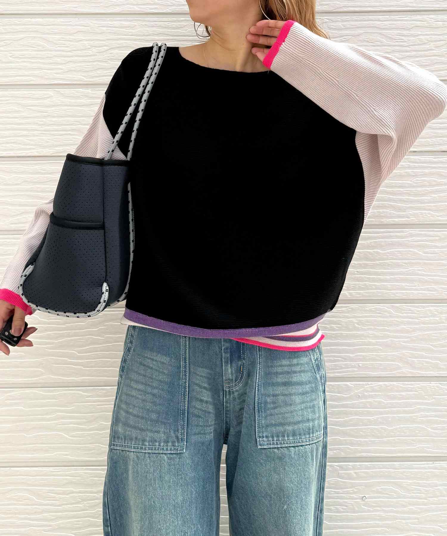 キュー Q 横リブマルチボーダードルマンニット （ブラック） ブラック