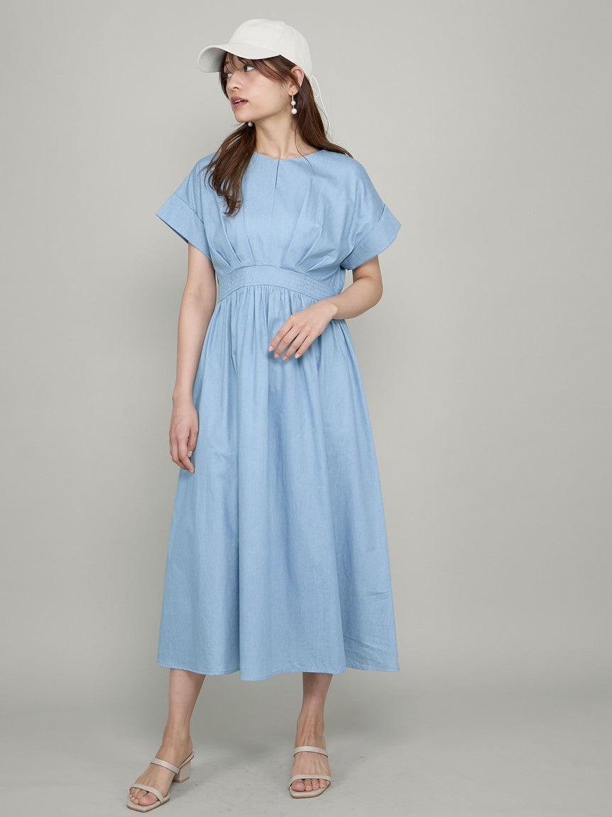 クイーンズコート QUEENS COURT ダンガリーデニムウエストギャザーワンピース≪手洗い可能≫ （ライトブルー） ライトブルー