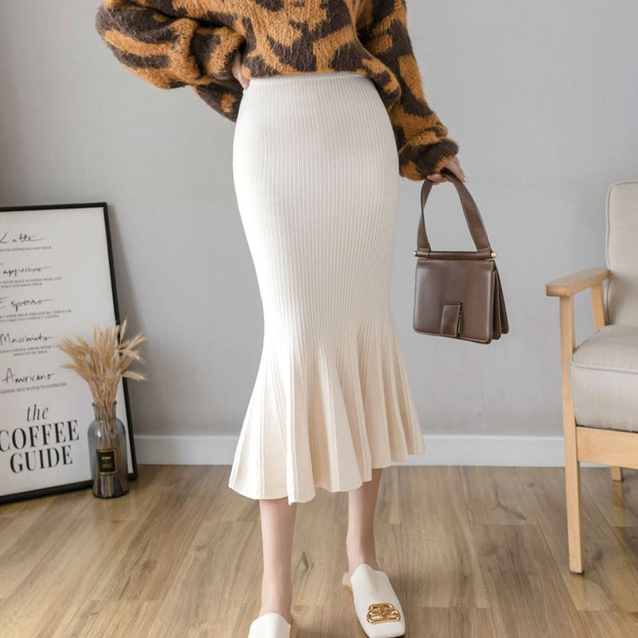 Riff Mermaid knit skirt, tight skirt, long skirt, elastic waist, long length, mid-calf length, long sleeves, plain