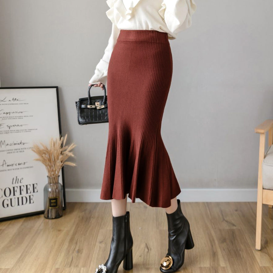 Riff Mermaid knit skirt, tight skirt, long skirt, elastic waist, long length, mid-calf length, long sleeves, plain