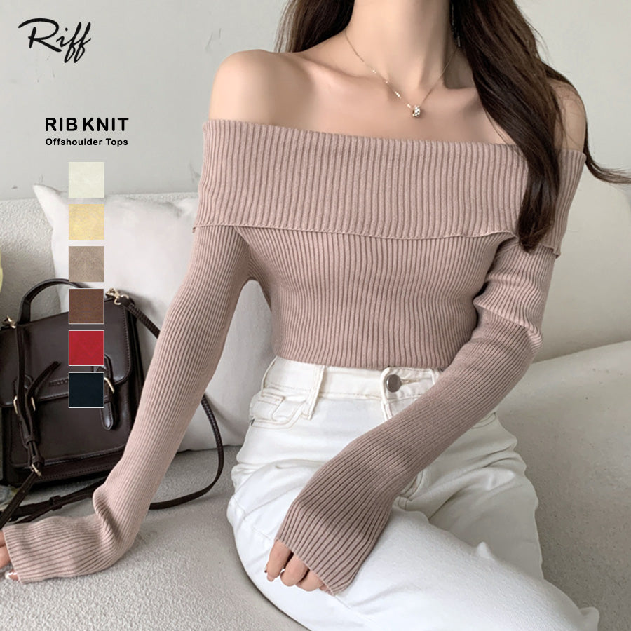 リフ Riff 華奢見え オフショルリブニット リブ編み オフショルダー オフタートル セーター ニット トップス 長袖 無地 （モカ） モカ