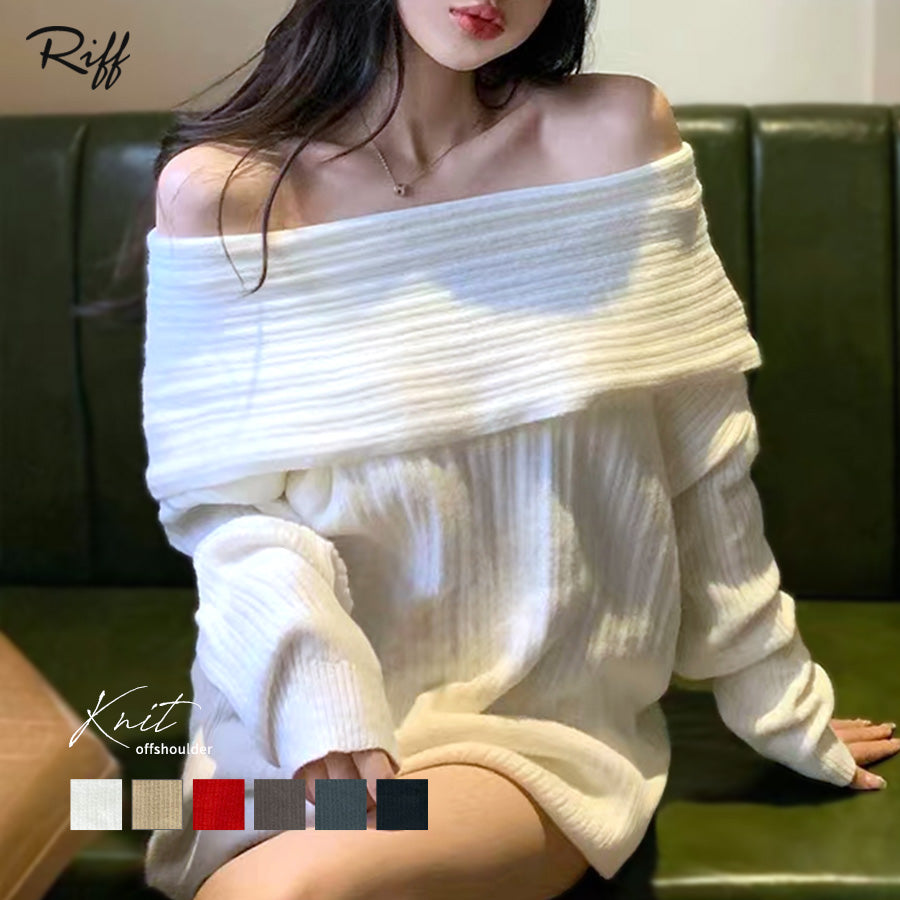 リフ Riff オフショルニットトップス オフショルダー オフタートル リブ編み リブニット セーター Tシャツ カットソー プルオーバー トップス 長袖 無地