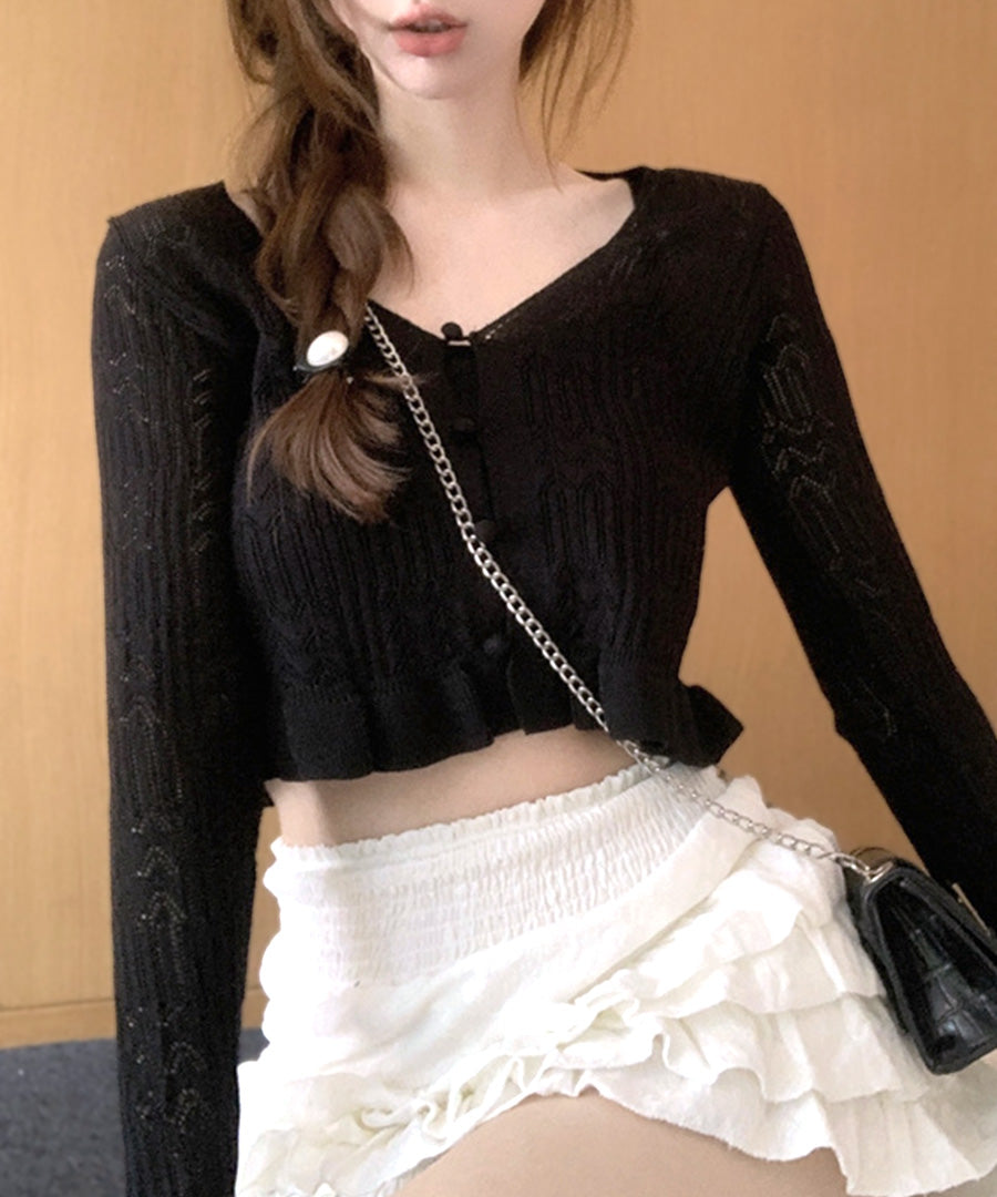 Riff Frill Cardigan Short Length Mellow Knit Card Cropped Length V-Neck Sweater Knit Tops Long Sleeve Plain