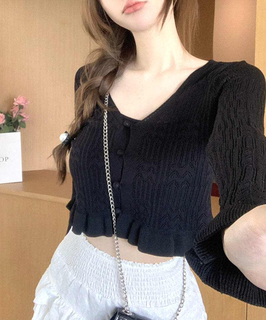 Riff Frill Cardigan Short Length Mellow Knit Card Cropped Length V-Neck Sweater Knit Tops Long Sleeve Plain