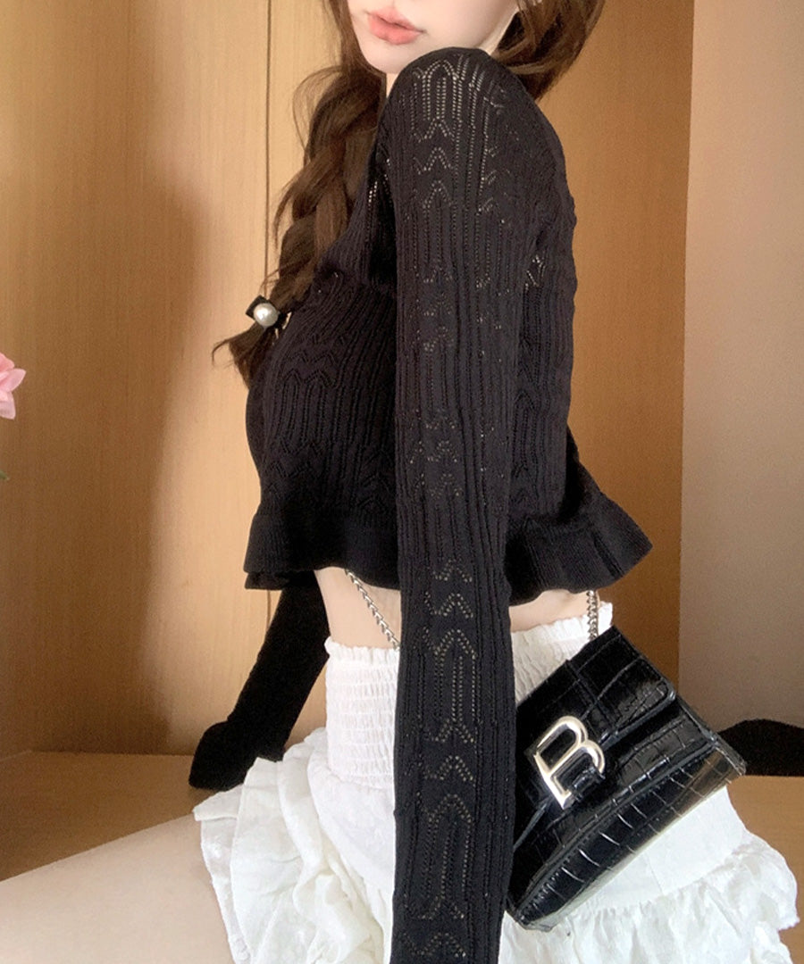 Riff Frill Cardigan Short Length Mellow Knit Card Cropped Length V-Neck Sweater Knit Tops Long Sleeve Plain