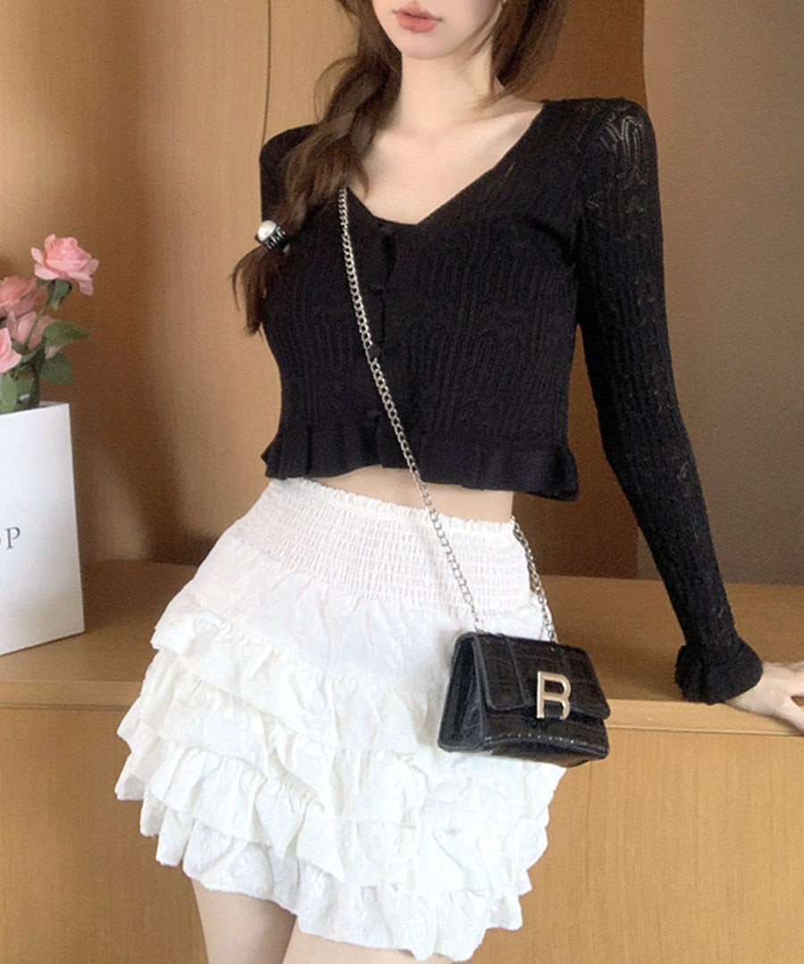 Riff Frill Cardigan Short Length Mellow Knit Card Cropped Length V-Neck Sweater Knit Tops Long Sleeve Plain