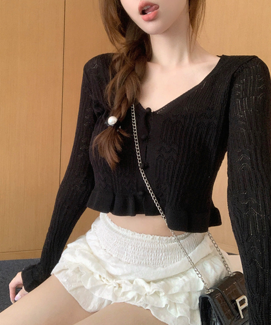 Riff Frill Cardigan Short Length Mellow Knit Card Cropped Length V-Neck Sweater Knit Tops Long Sleeve Plain