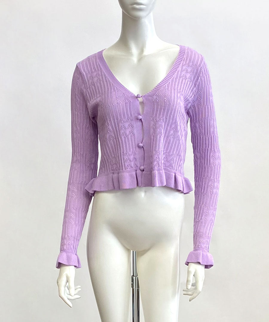 Riff Frill Cardigan Short Length Mellow Knit Card Cropped Length V-Neck Sweater Knit Tops Long Sleeve Plain