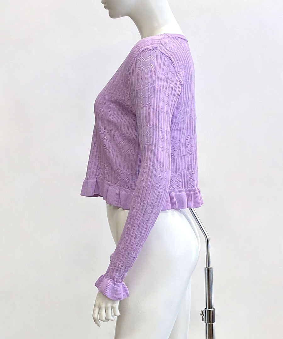 Riff Frill Cardigan Short Length Mellow Knit Card Cropped Length V-Neck Sweater Knit Tops Long Sleeve Plain