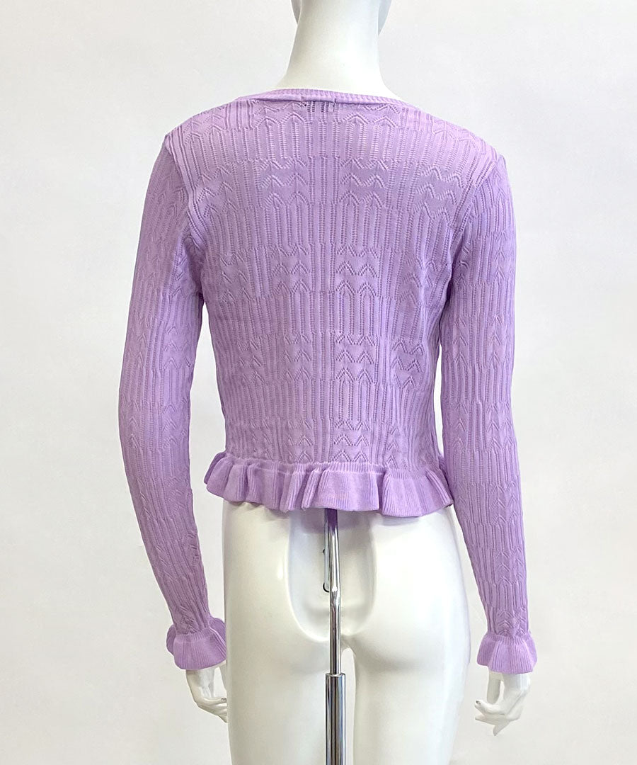 Riff Frill Cardigan Short Length Mellow Knit Card Cropped Length V-Neck Sweater Knit Tops Long Sleeve Plain