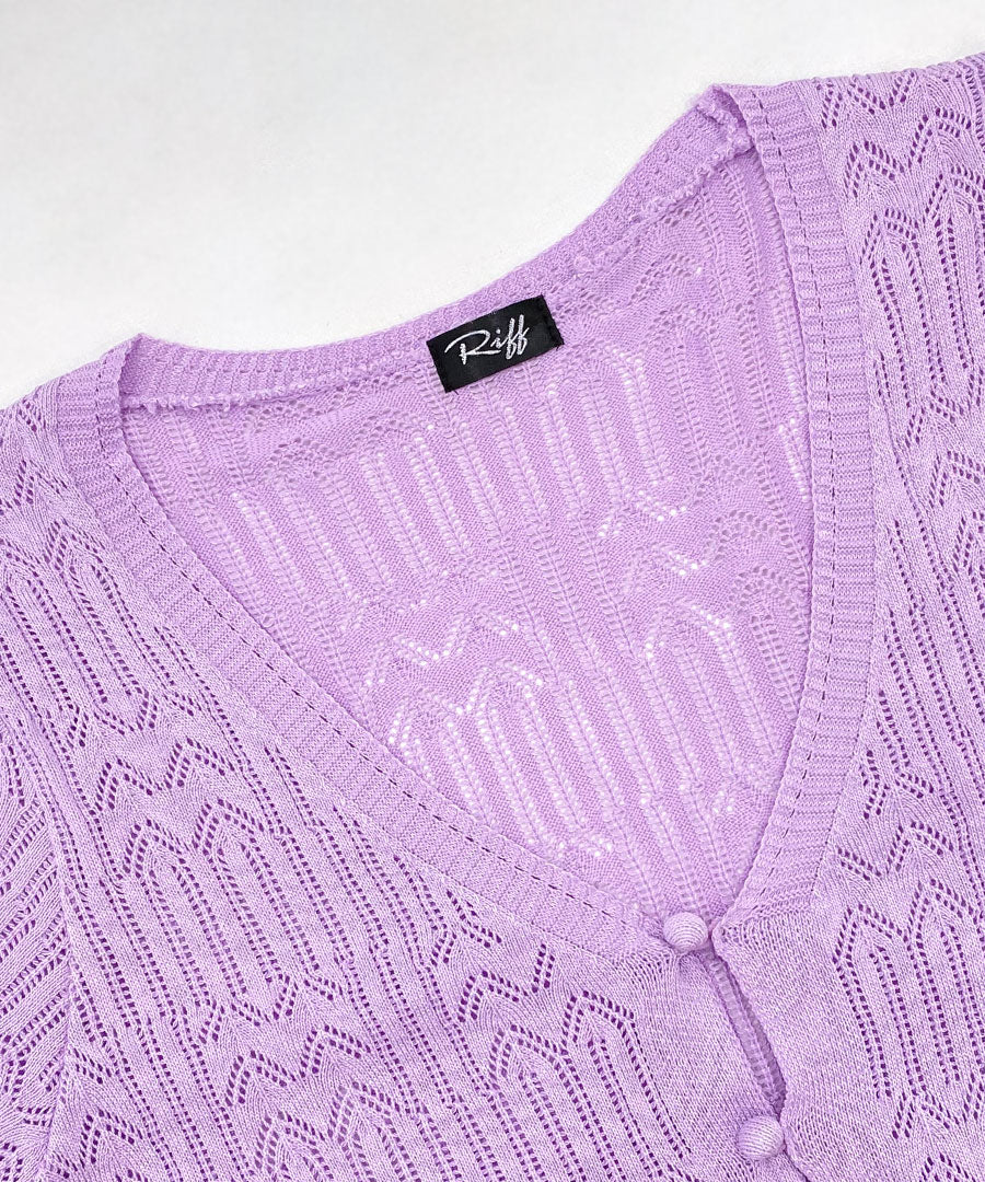 Riff Frill Cardigan Short Length Mellow Knit Card Cropped Length V-Neck Sweater Knit Tops Long Sleeve Plain