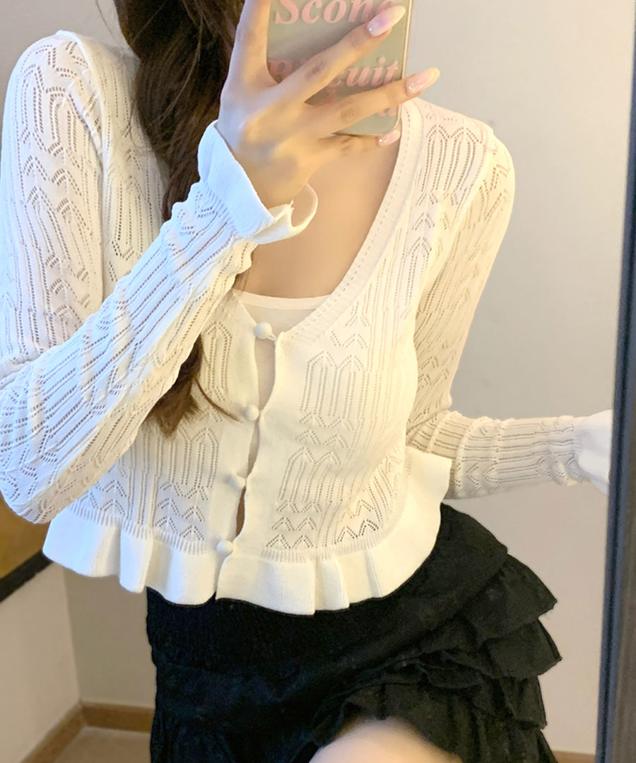 Riff Frill Cardigan Short Length Mellow Knit Card Cropped Length V-Neck Sweater Knit Tops Long Sleeve Plain