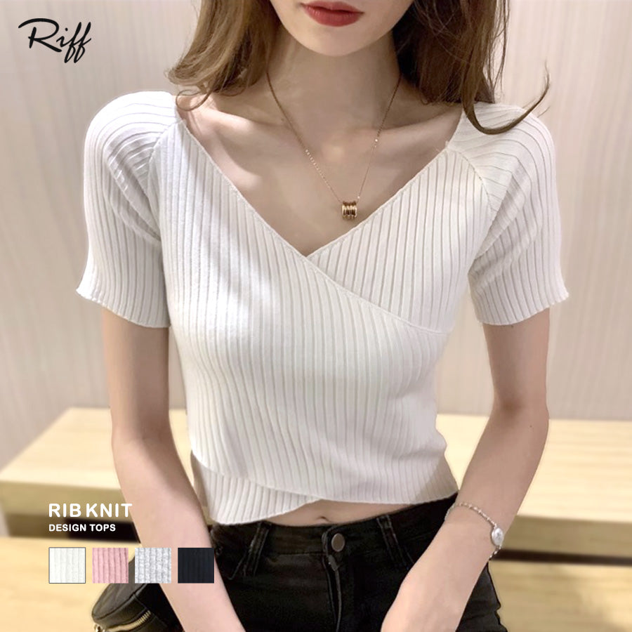 Riff Riff 短袖羅紋針織 交叉設計 開襟 V領 羅紋編織 短款 短袖 毛衣 夏季針織 針織 上衣 套頭衫 上衣 短袖 素色