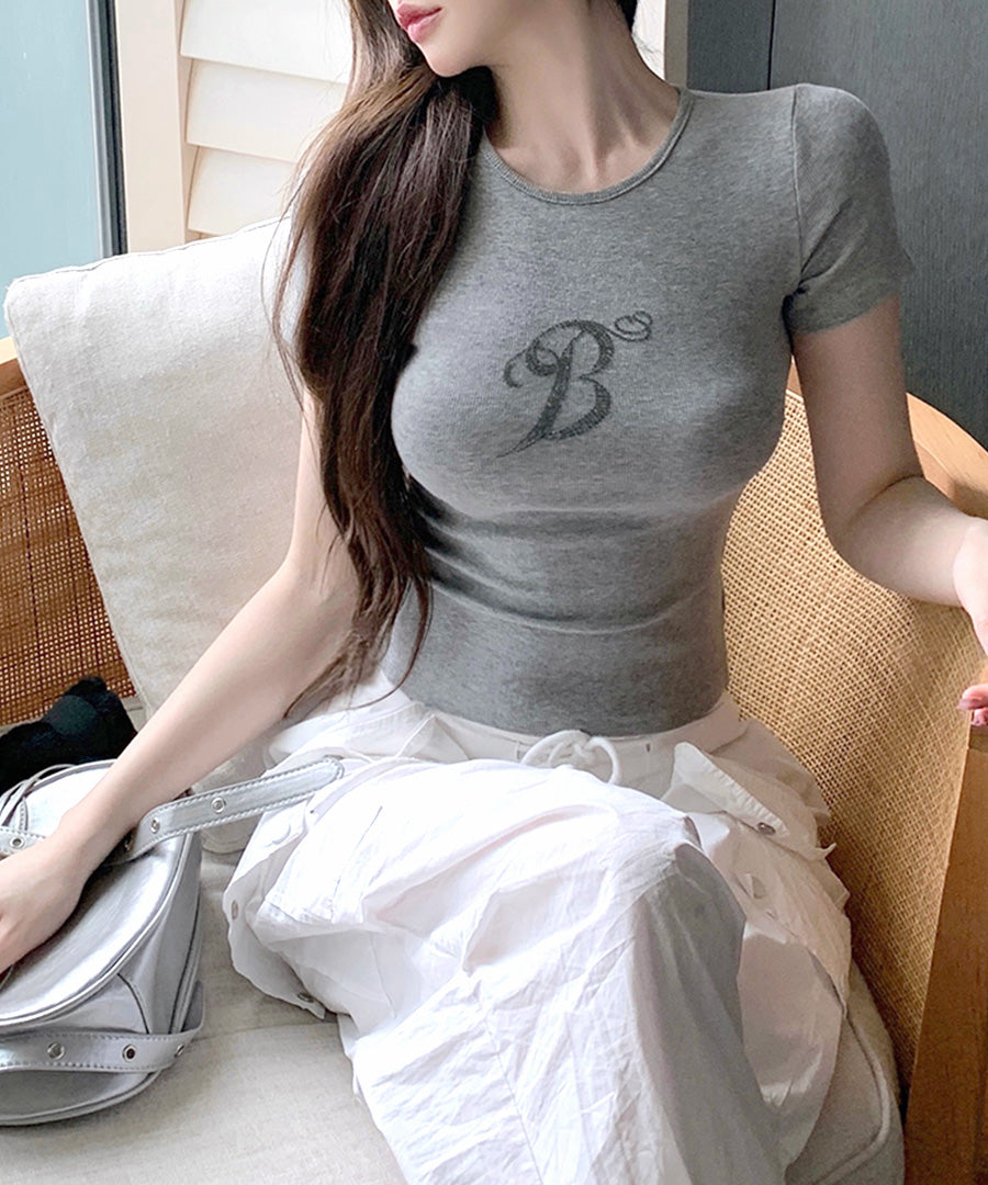 リフ Riff ロゴラインストーン Tシャツ ロゴプリント クロップド丈 ショート丈 クルーネック チビT Tシャツ カットソー プルオーバー トップス 半袖 無地 （グレー） グレー