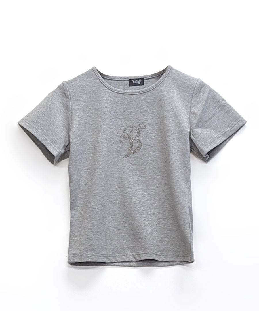リフ Riff ロゴラインストーン Tシャツ ロゴプリント クロップド丈 ショート丈 クルーネック チビT Tシャツ カットソー プルオーバー トップス 半袖 無地 （グレー） グレー