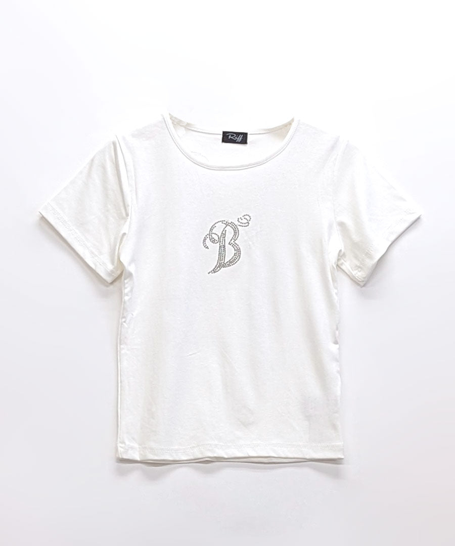 リフ Riff ロゴラインストーン Tシャツ ロゴプリント クロップド丈 ショート丈 クルーネック チビT Tシャツ カットソー プルオーバー トップス 半袖 無地 （グレー） グレー