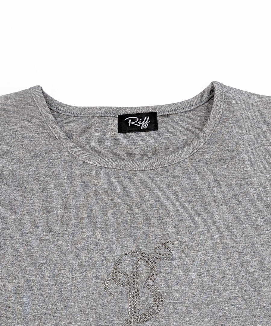 リフ Riff ロゴラインストーン Tシャツ ロゴプリント クロップド丈 ショート丈 クルーネック チビT Tシャツ カットソー プルオーバー トップス 半袖 無地 （グレー） グレー