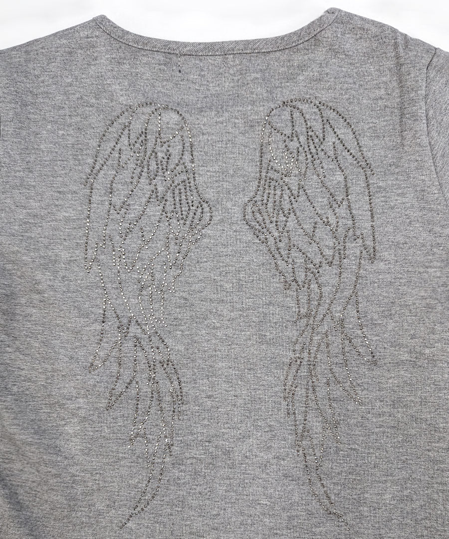 リフ Riff ロゴラインストーン Tシャツ ロゴプリント クロップド丈 ショート丈 クルーネック チビT Tシャツ カットソー プルオーバー トップス 半袖 無地 （グレー） グレー