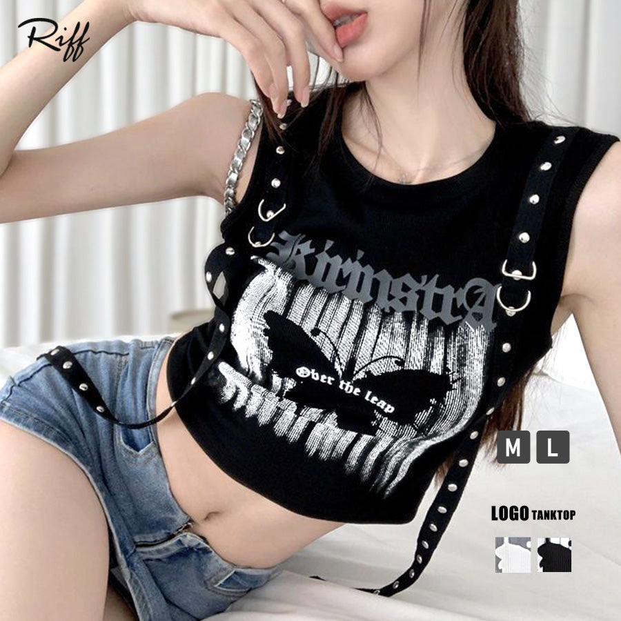 Riff Riff 短版 背心 吊帶附帶 標誌印刷 短款 T 恤 套頭衫 上衣 無袖 短袖 素色
