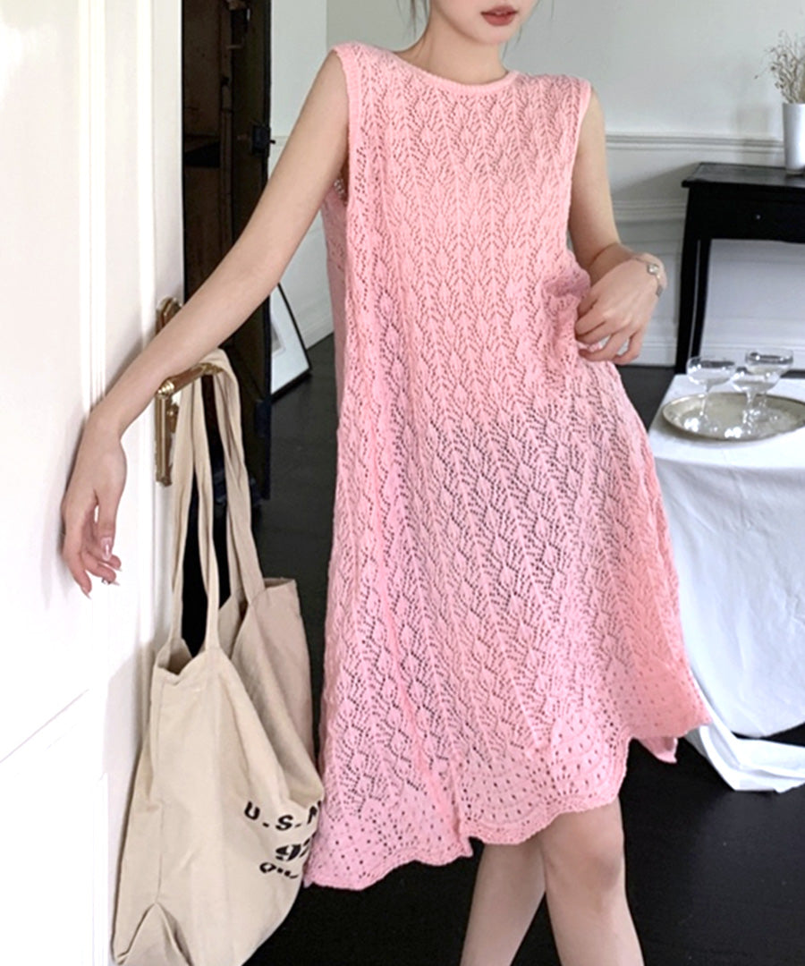 Riff Crocheted Knit Dress Back Open Sheer Knit Crochet Knee-Length Dre Riff Crocheted Knit Dress Back Open Sheer Knit Crochet Knee-Length Dre