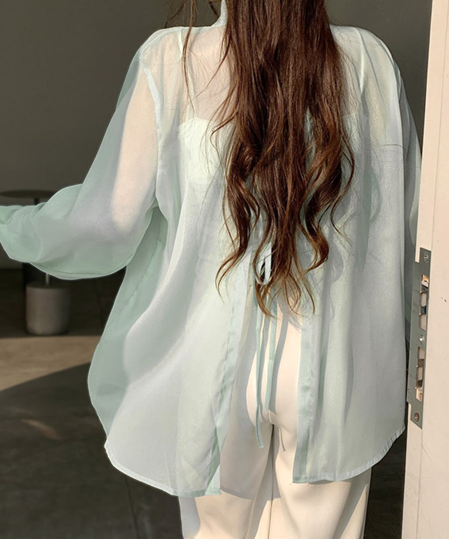 Riff Sheer Shirt Back Slit See-Through Outer Blouse Top Oversized Big Size Large Size Loose Long Sleeve Plain