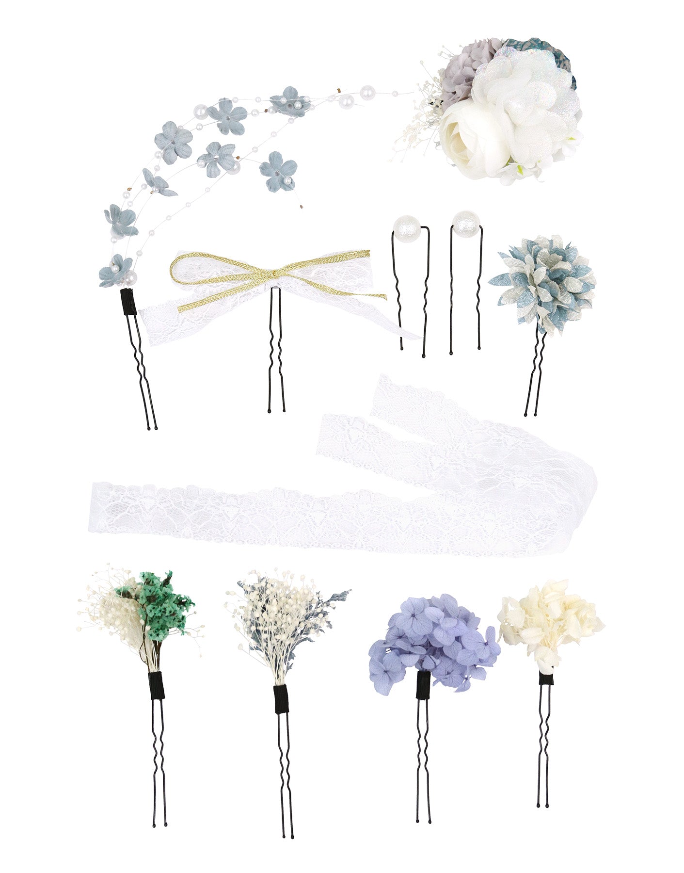 Retica Yukata Hair Ornament Pearl Pin Nuance Color Flower Lace Ribbon Yukata Hair Accessory 11-Piece Set