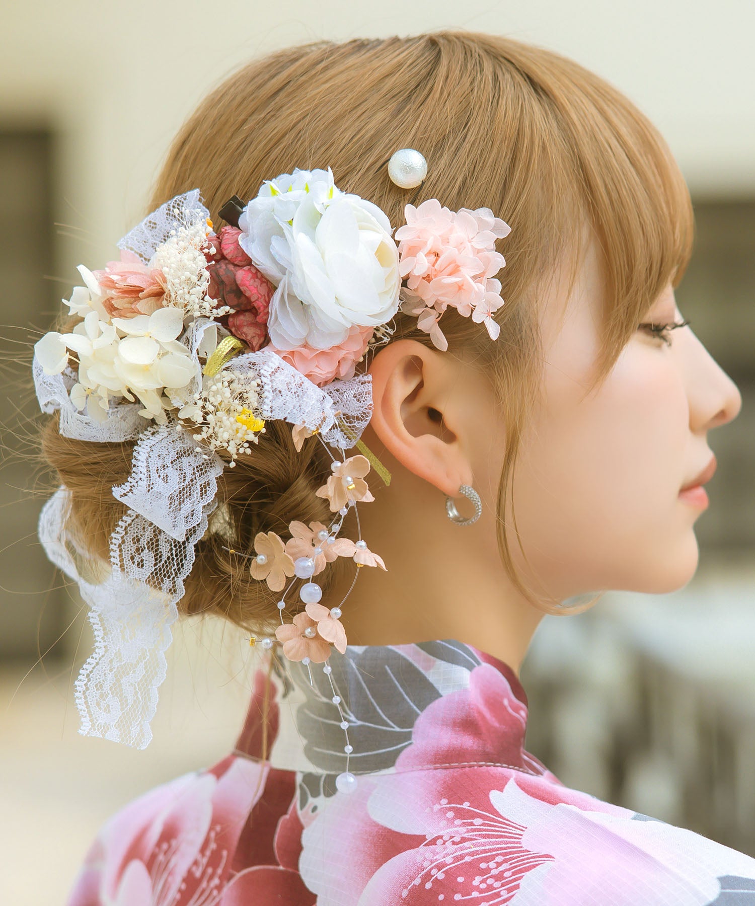 レティカ Retica 浴衣髪飾り パールピンニュアンスカラーフラワーレースリボン付き浴衣ヘアアクセサリー11点セット （ピンク） ピンク