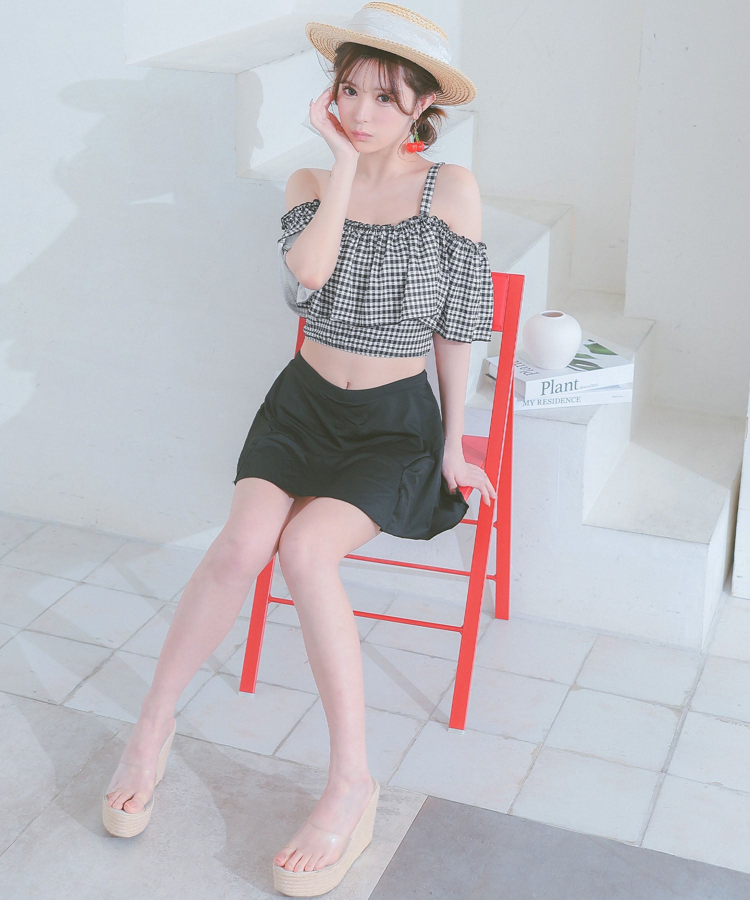レティカ Retica 水着レディース ショルダーカット チェック フリル ビスチェ バックリボン 体型カバー スカート 韓国風 ガーリー タンキニ【返品不可商品】 （チェック×ブラック） チェック×ブラック