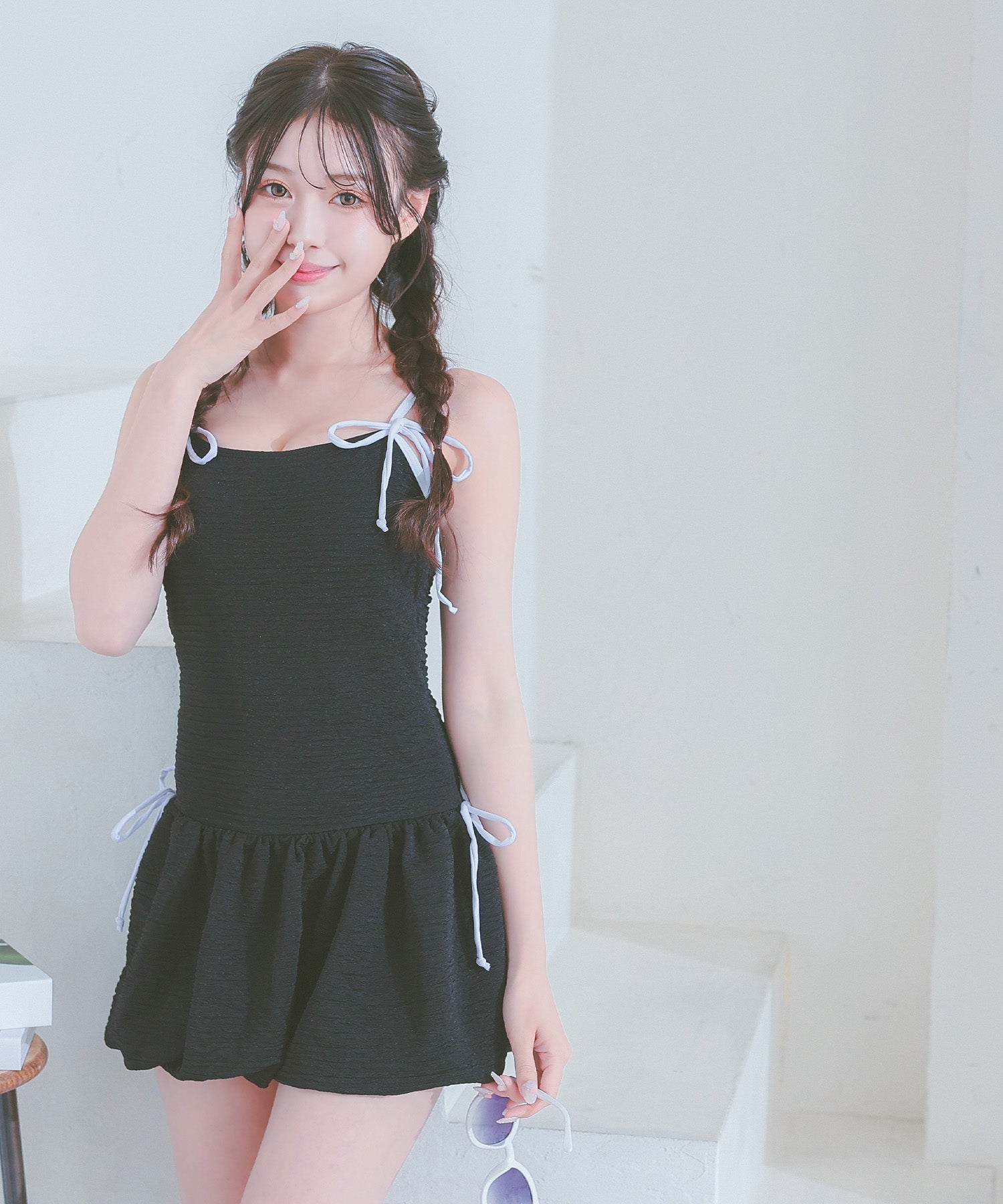 レティカ Retica 水着レディースバイカラーリボン 韓国風 体型カバー ガーリー ワンピースビキニ （ブラック） ブラック