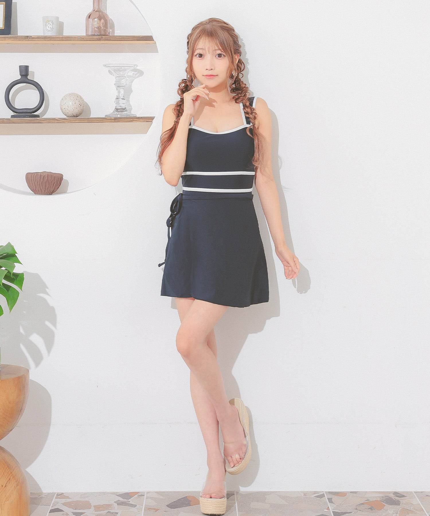 レティカ Retica 水着レディース パレオスカート付き パイピング ガーリー 2way モノキニ ビキニ【返品不可商品】 （ブラック） ブラック