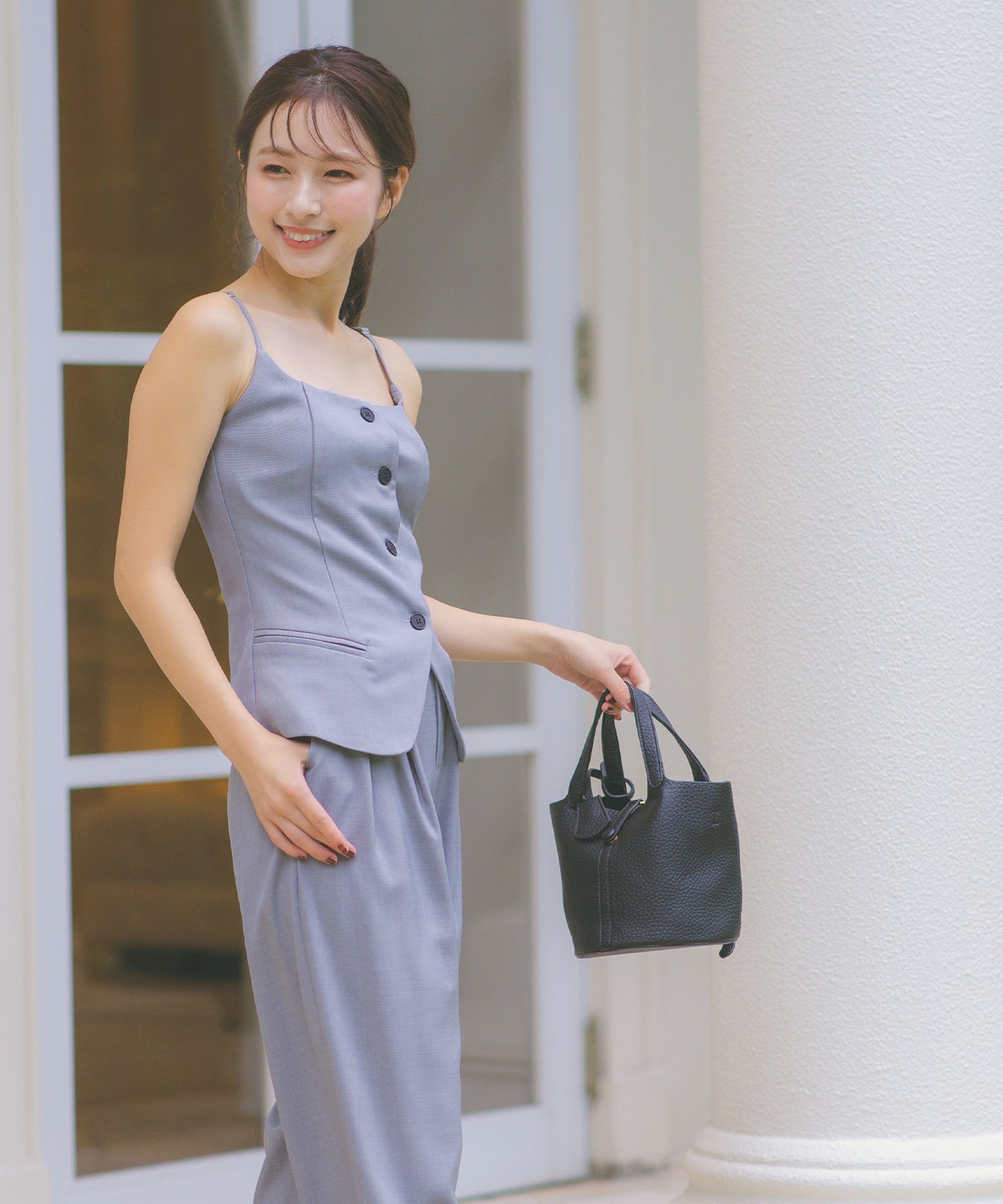 レティカ Retica パンツドレスボタンキャミ ワイドパンツセットアップ  パーティードレス 結婚式 （グレー） グレー