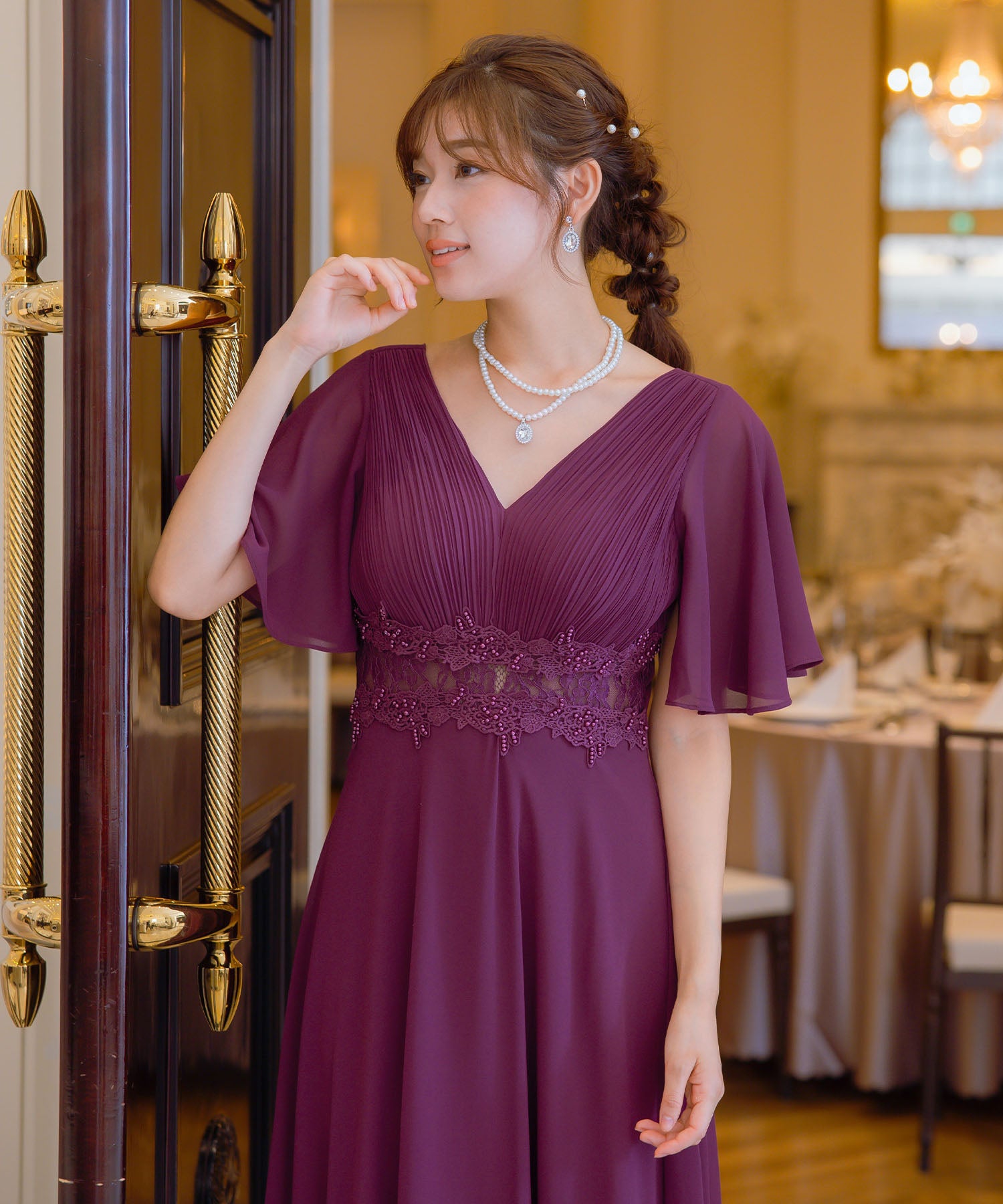 レティカ Retica パーティードレス半袖レースウエストマーク胸元プリーツ結婚式 （ワイン） ワイン