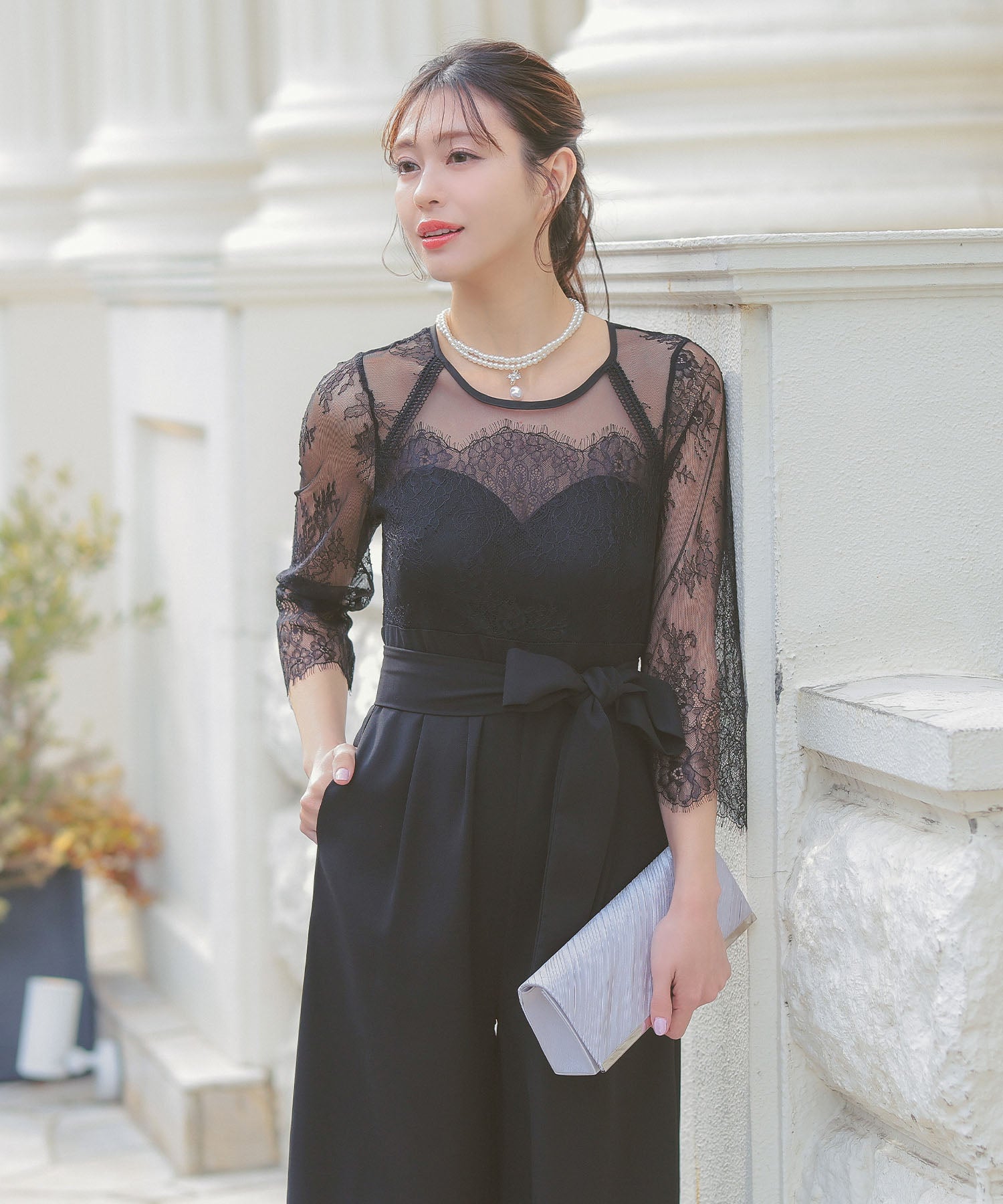 レティカ Retica パンツドレスシアーレース切替ウエストリボンワイドパンツドレス結婚式 パーティードレス （ブラック） ブラック