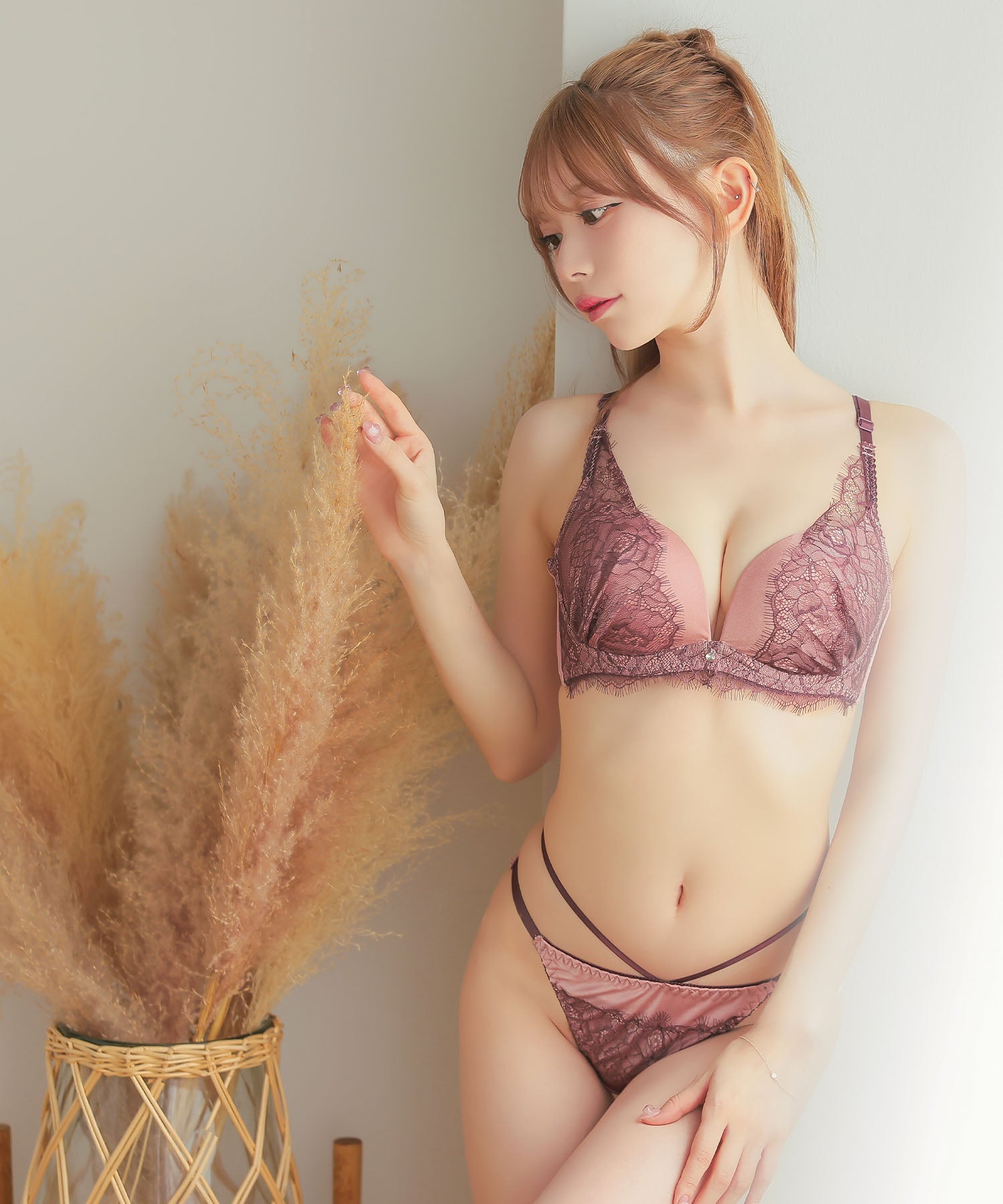 レティカ Retica 下着セット レディース セットアップ サテン ブラックスカラップレース レイヤード ワイヤー ブラジャー ショーツ ランジェリー セクシー【返品不可商品】 （ダスティピンク） ダスティピンク