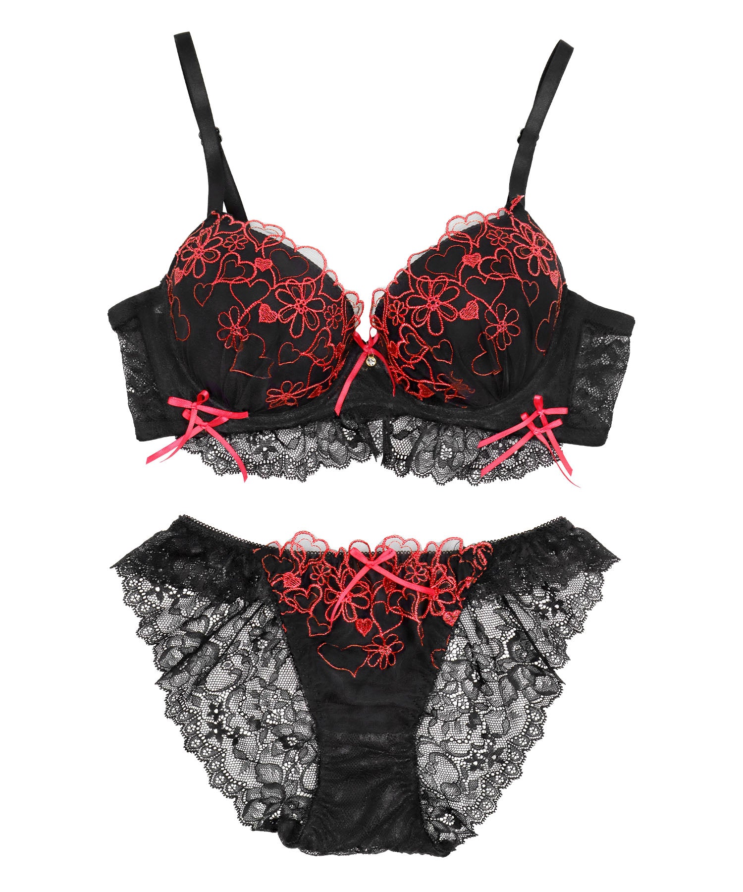 レティカ Retica 下着セット レディース セットアップ 刺繍 レース ダブルリボン 脇高 ワイヤー ブラジャー ショーツ ランジェリー セクシー （レッド×ブラック） レッド×ブラック