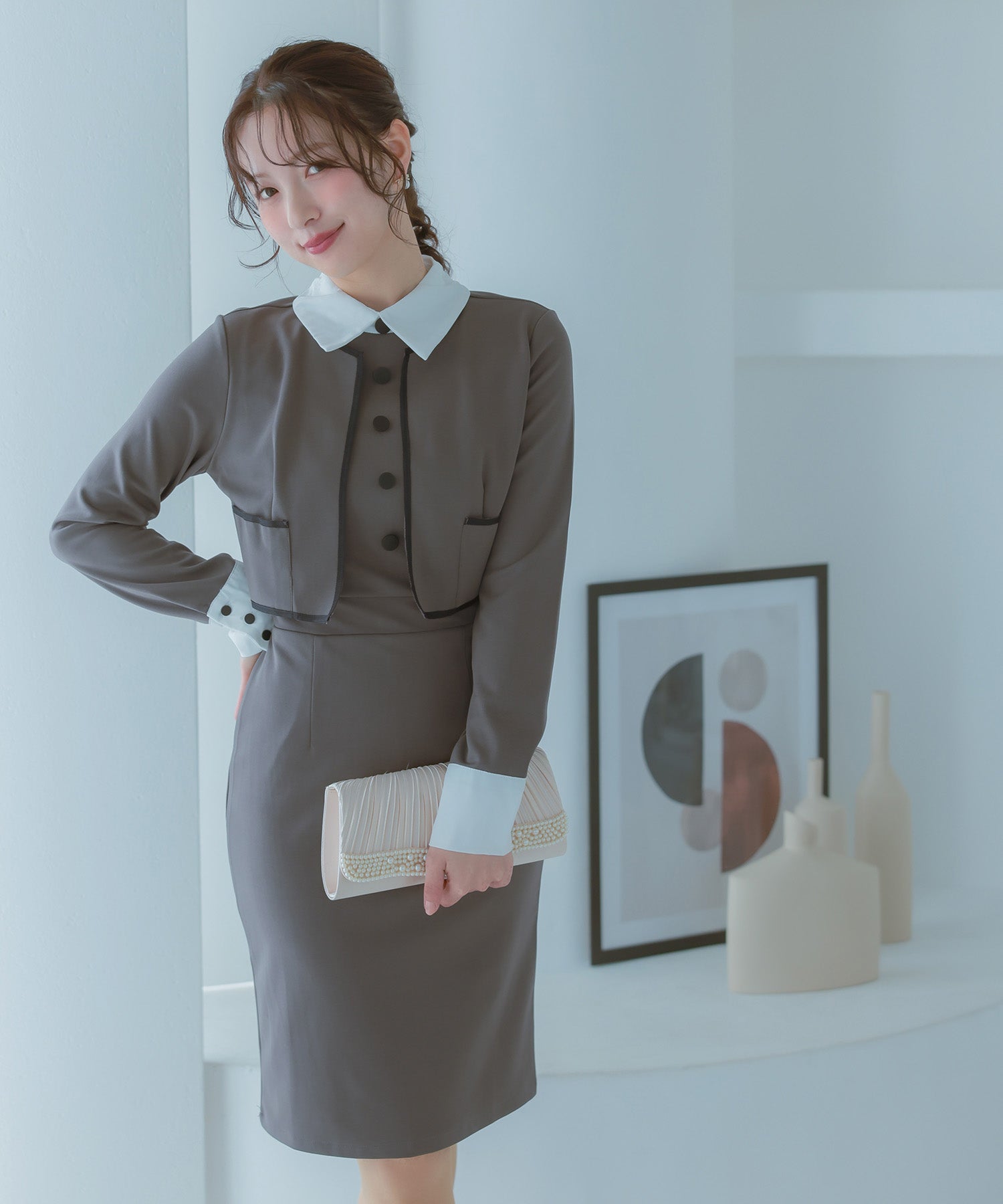 レティカ Retica パーティードレス 二次会 配色襟クラシカルラインワンピース 結婚式 大きいサイズ 30代 お呼ばれ （チャコールグレー） チャコールグレー