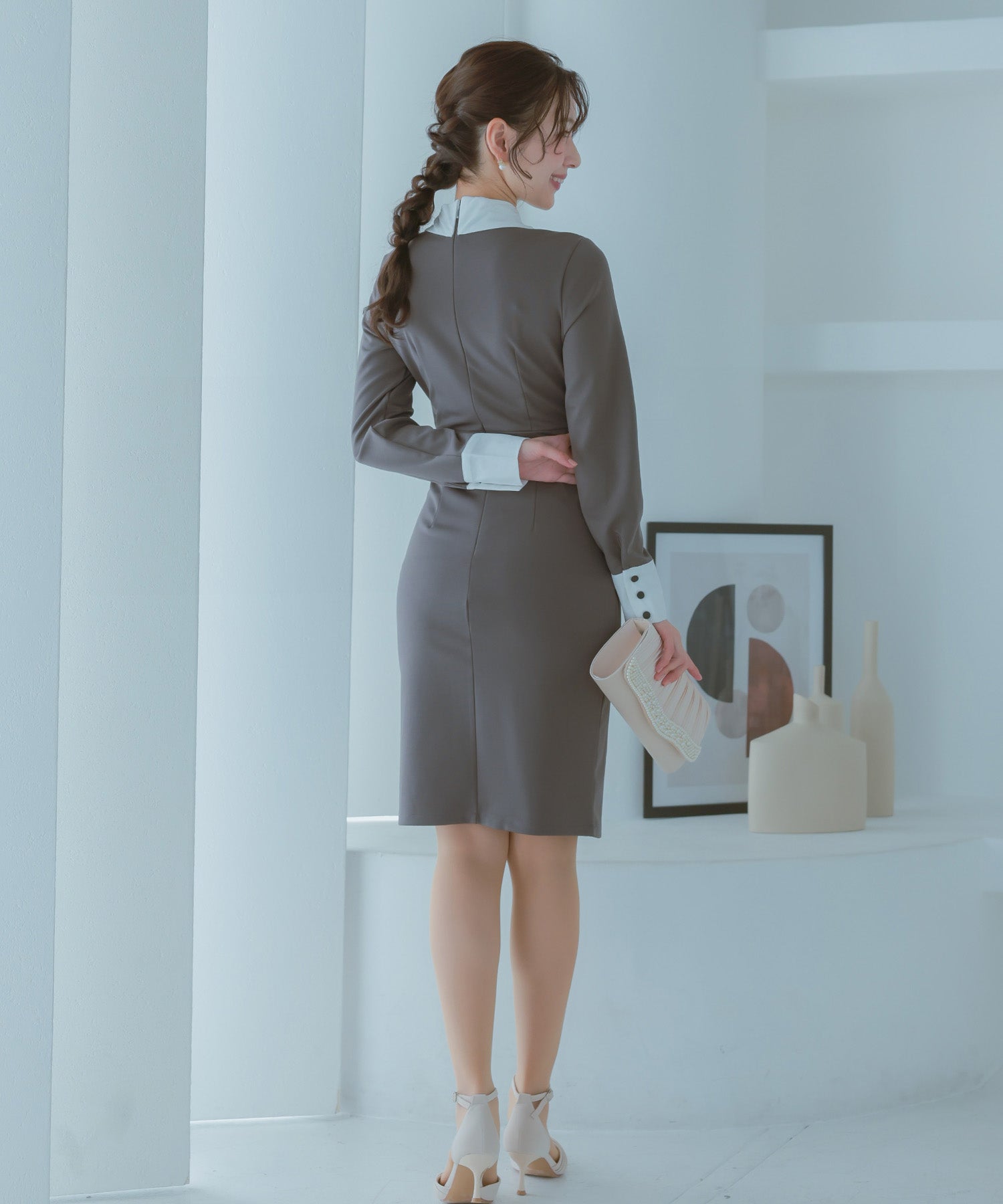 レティカ Retica パーティードレス 二次会 配色襟クラシカルラインワンピース 結婚式 大きいサイズ 30代 お呼ばれ （チャコールグレー） チャコールグレー