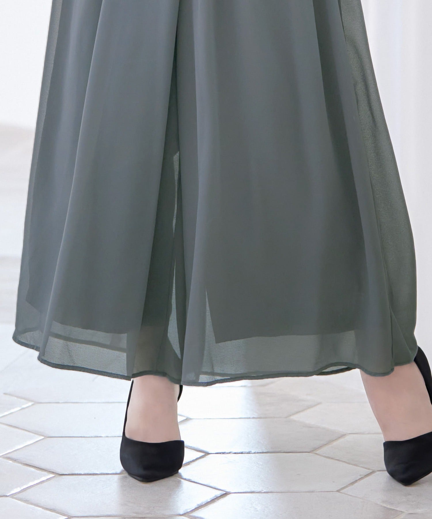 Retica Flower Lace Embroidered Waist Mark Five-Quarter Length Chiffon Wide Pants Dress Plus Size