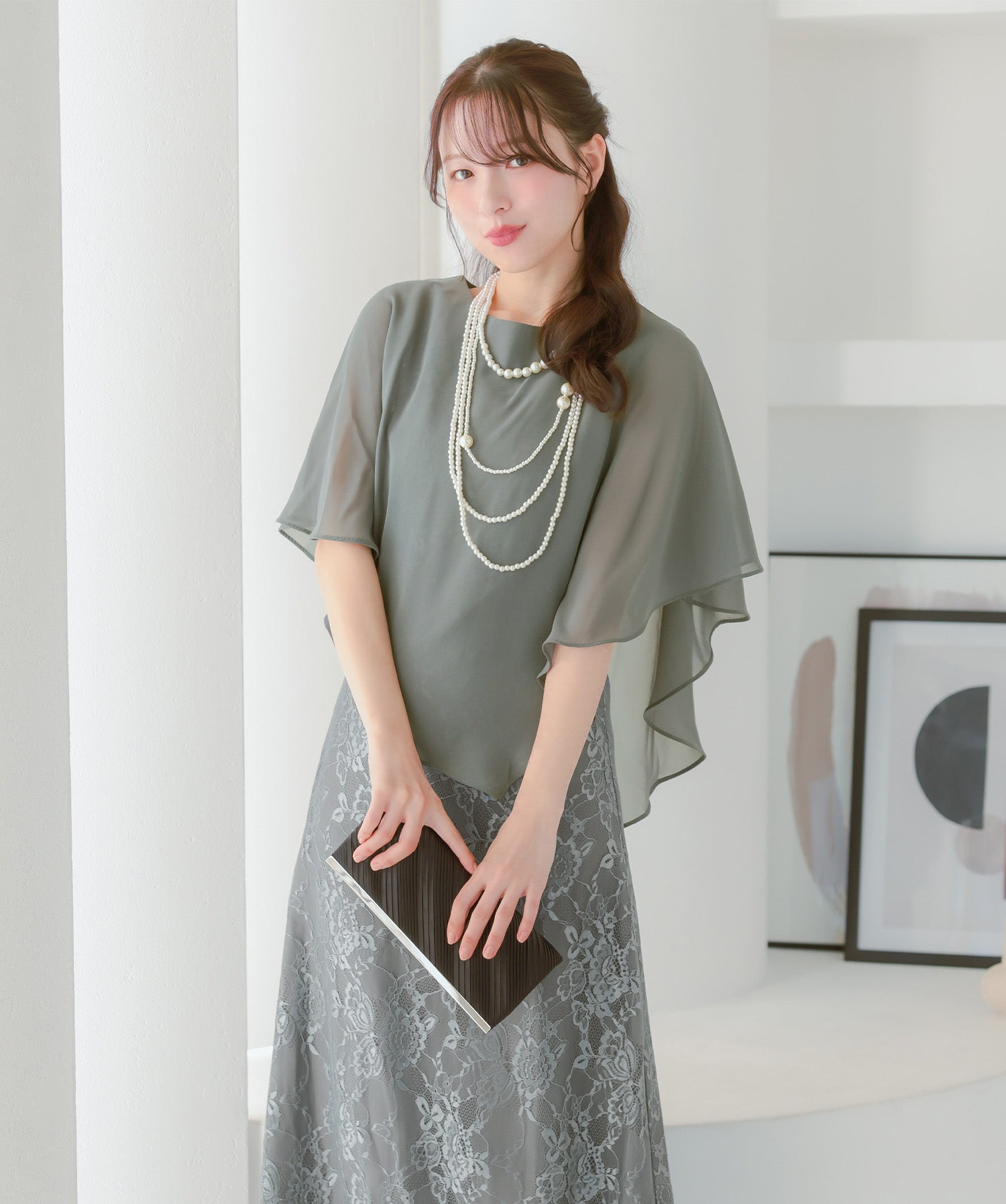 レティカ Retica パーティードレス 2ピース風シフォンケープ総レースロング丈 結婚式 二次会 （グレー） グレー