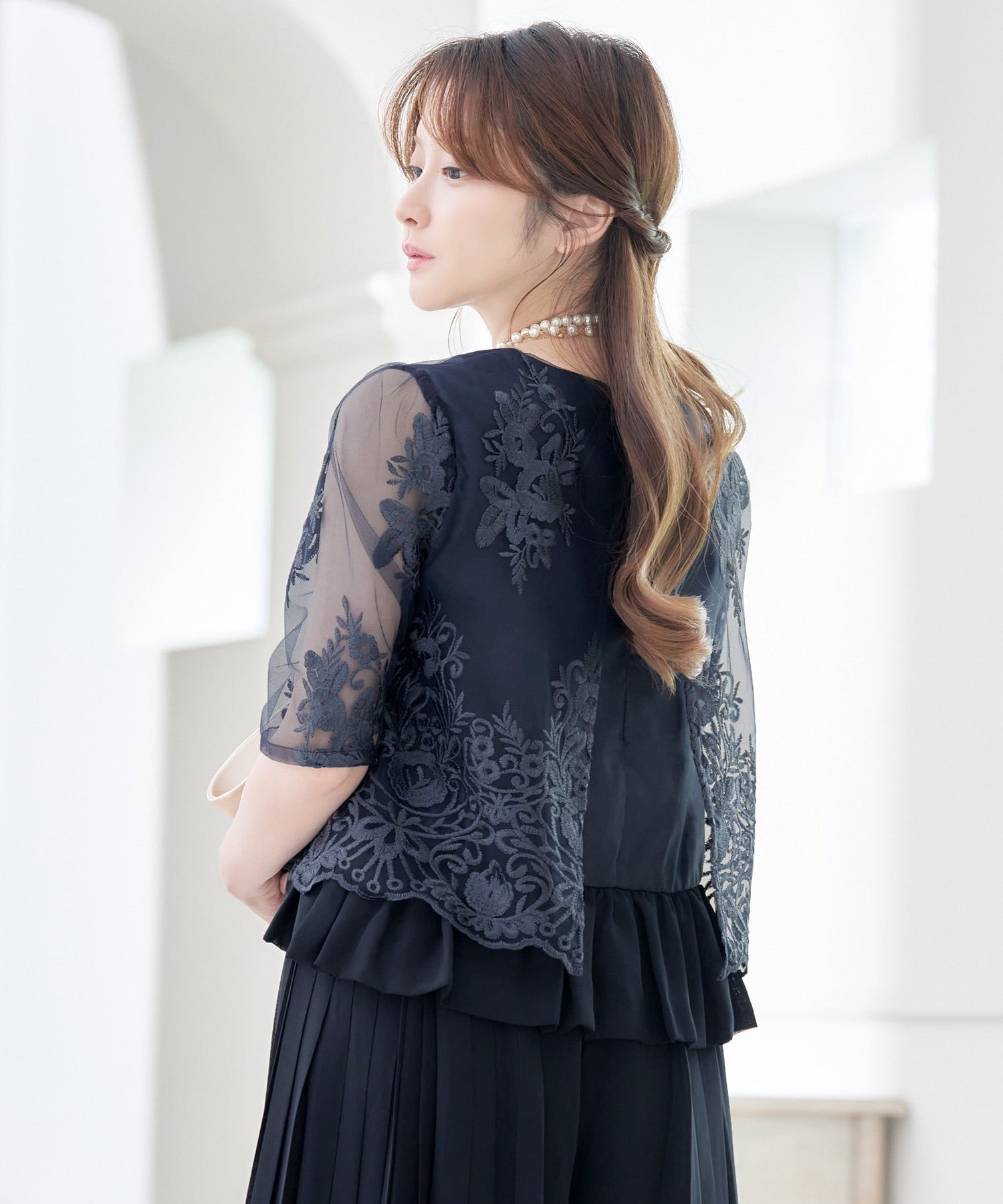 レティカ Retica 刺繍デザイン7分丈袖レースセパレートワイドパンツドレス