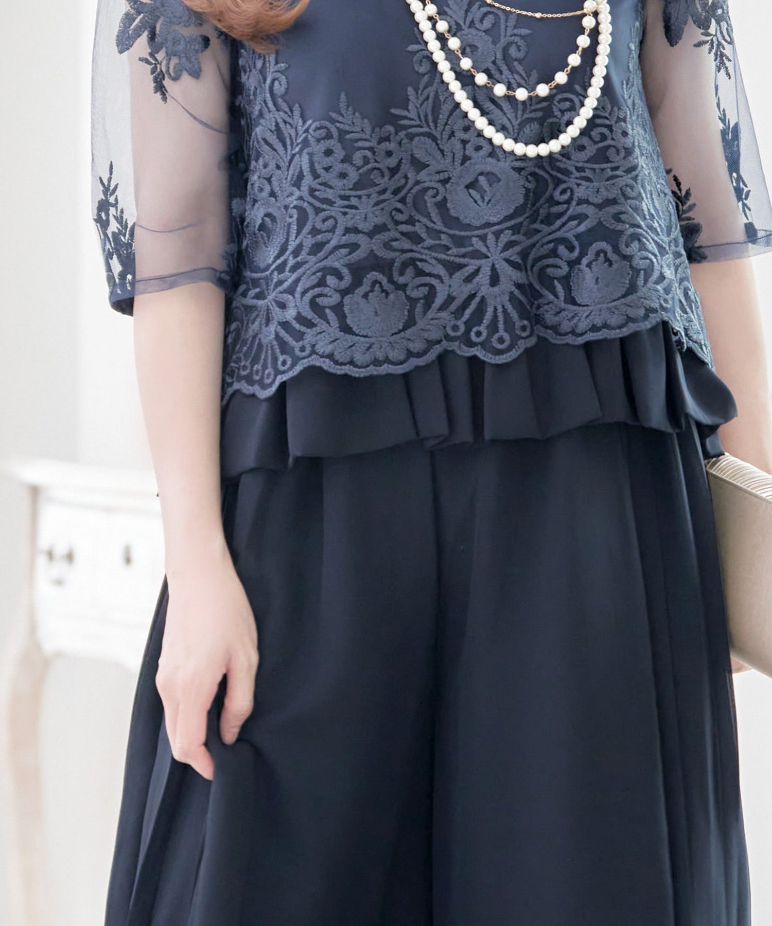 レティカ Retica 刺繍デザイン7分丈袖レースセパレートワイドパンツドレス