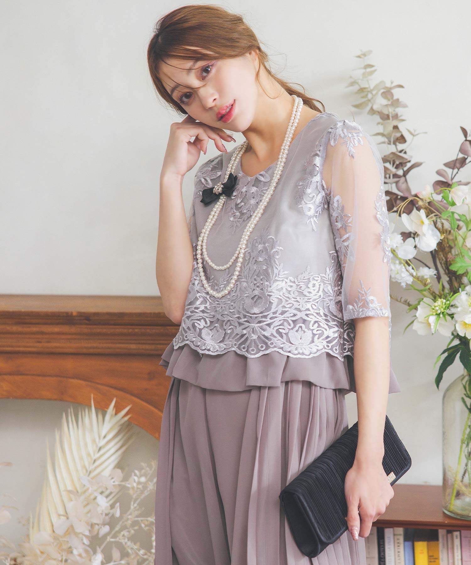 レティカ Retica 刺繍デザイン7分丈袖レースセパレートワイドパンツドレス