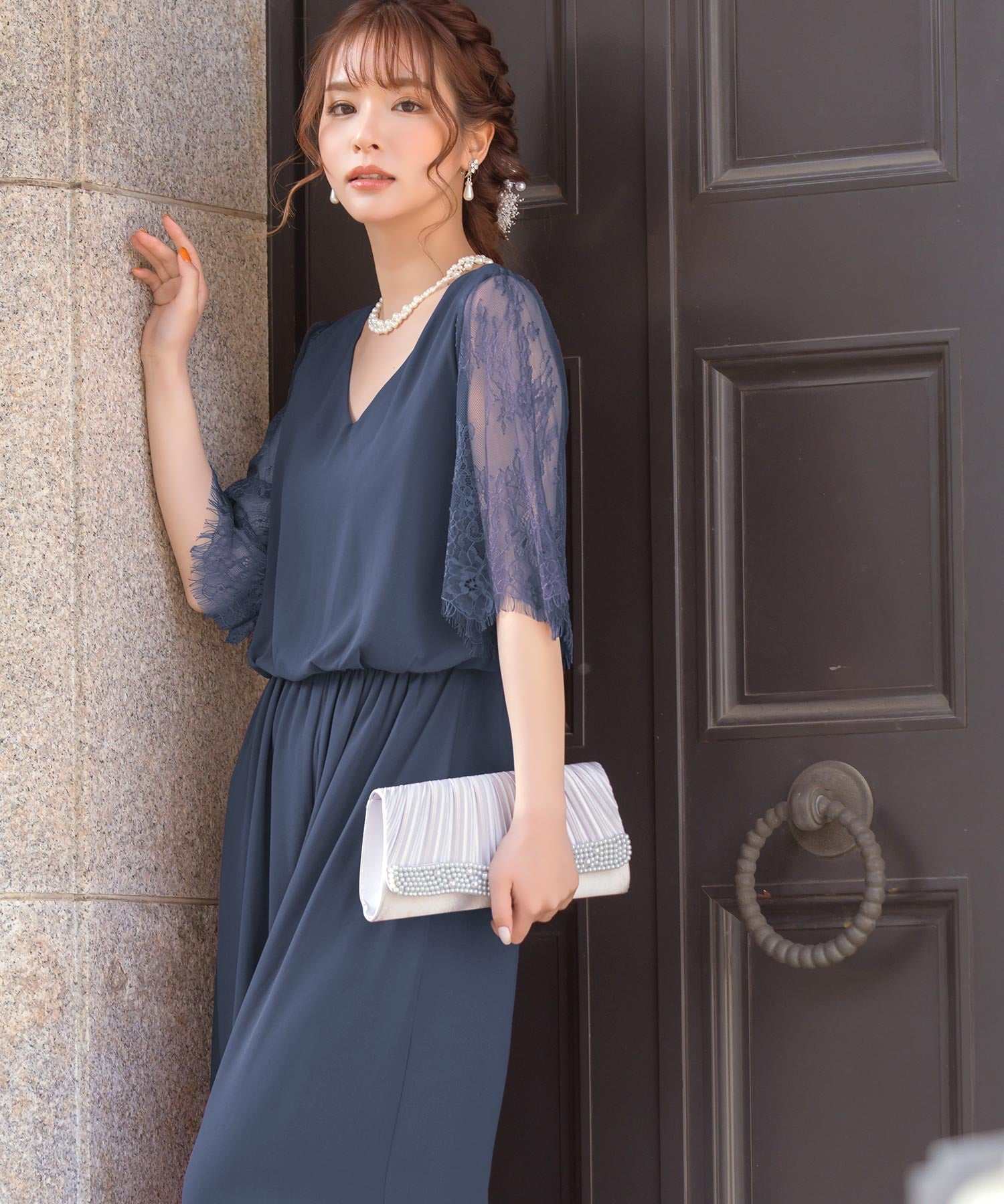 レティカ Retica 半袖蕾絲袖V領腰部切換全身褲裙 大尺碼