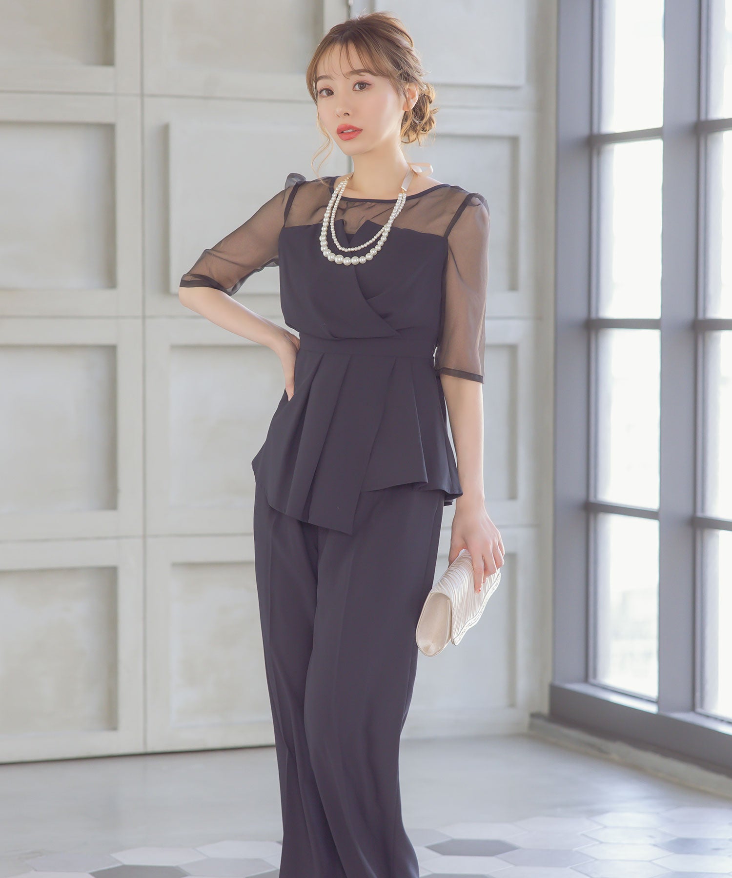 レティカ Retica カシュクールウエストリボンアシメフリルトップス ワイド パンツ ツーピースシアースリーブ セットアップ 結婚式 パーティードレス パンツドレス 大きいサイズ