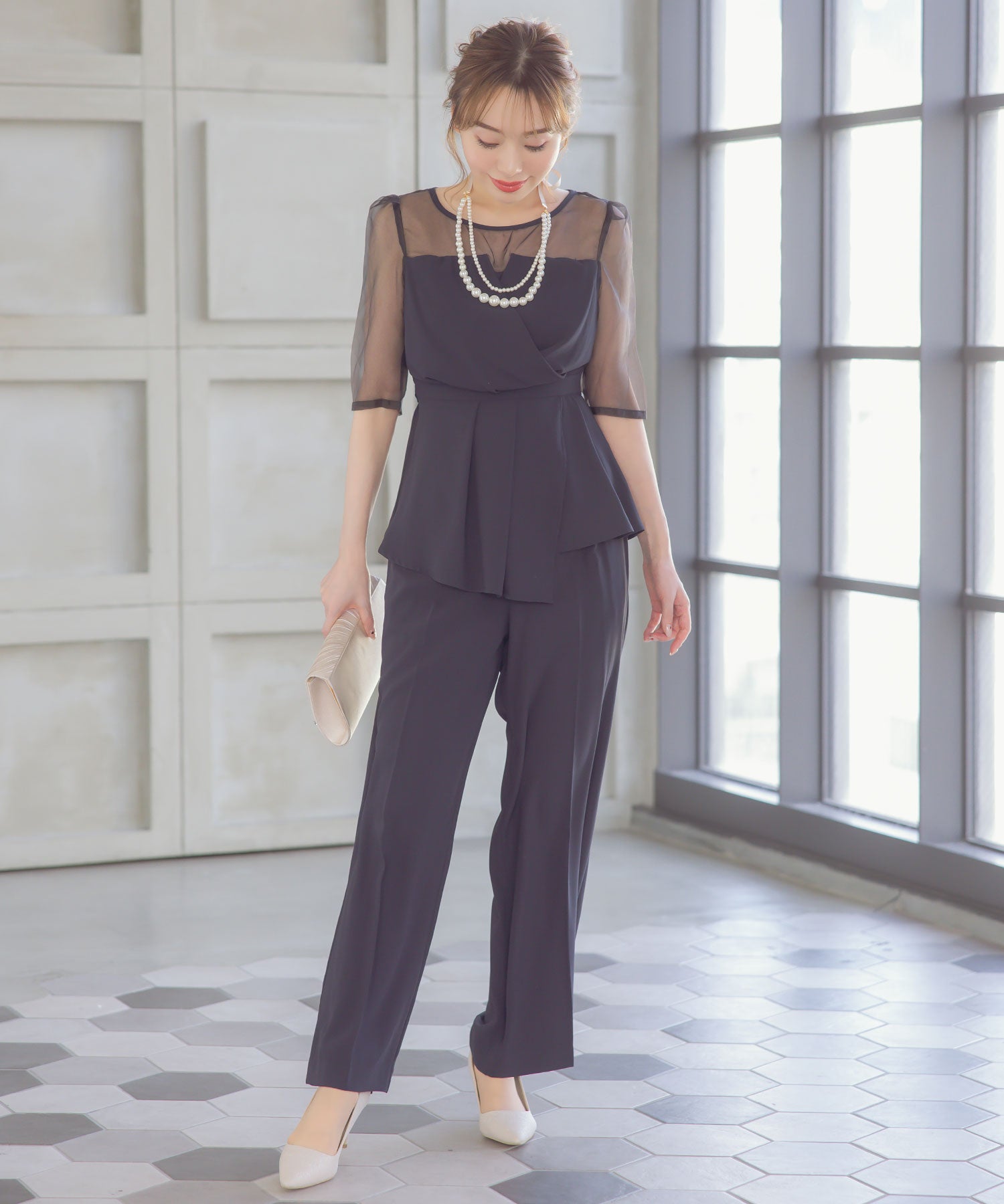 レティカ Retica カシュクールウエストリボンアシメフリルトップス ワイド パンツ ツーピースシアースリーブ セットアップ 結婚式 パーティードレス パンツドレス 大きいサイズ