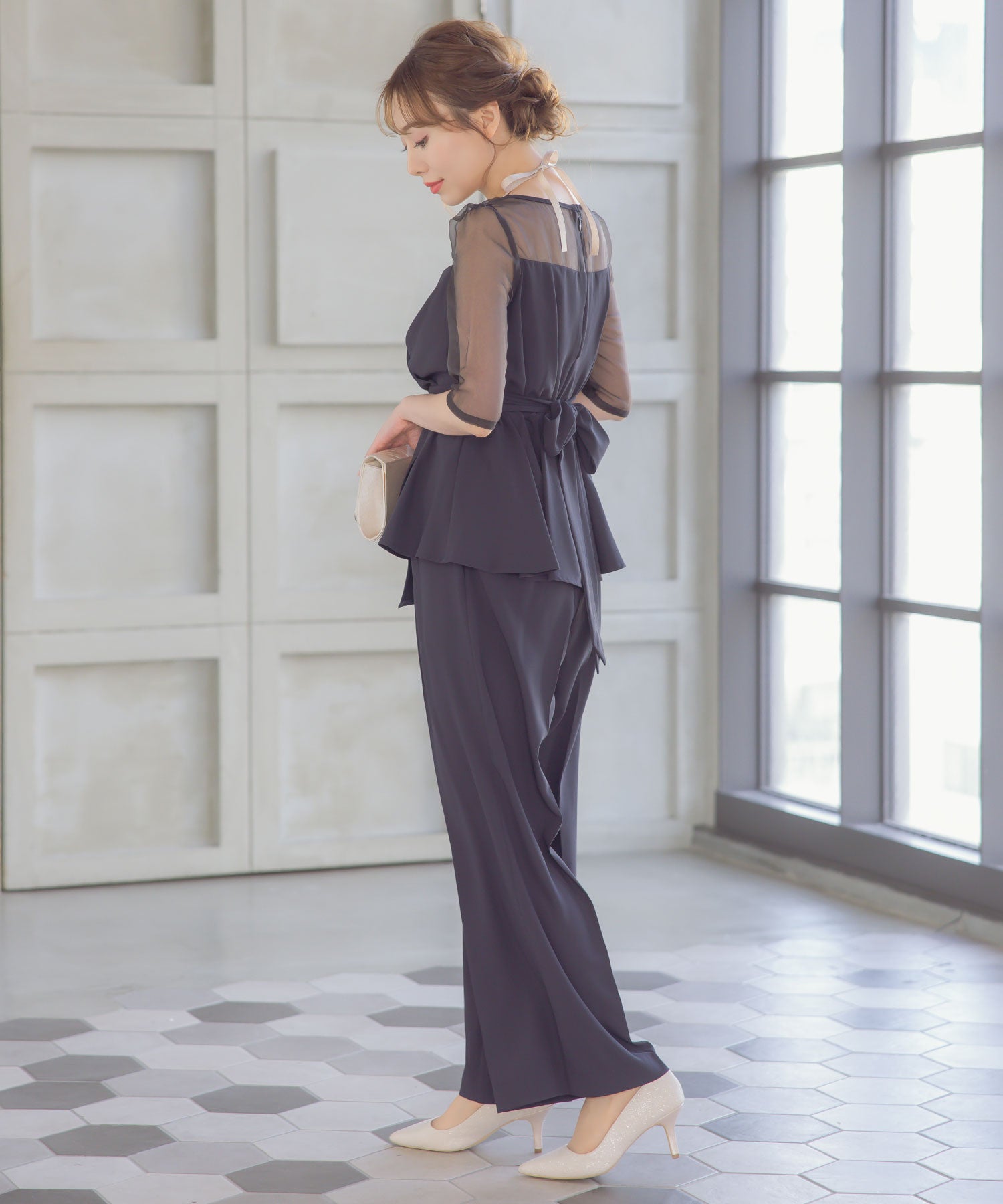 レティカ Retica カシュクールウエストリボンアシメフリルトップス ワイド パンツ ツーピースシアースリーブ セットアップ 結婚式 パーティードレス パンツドレス 大きいサイズ