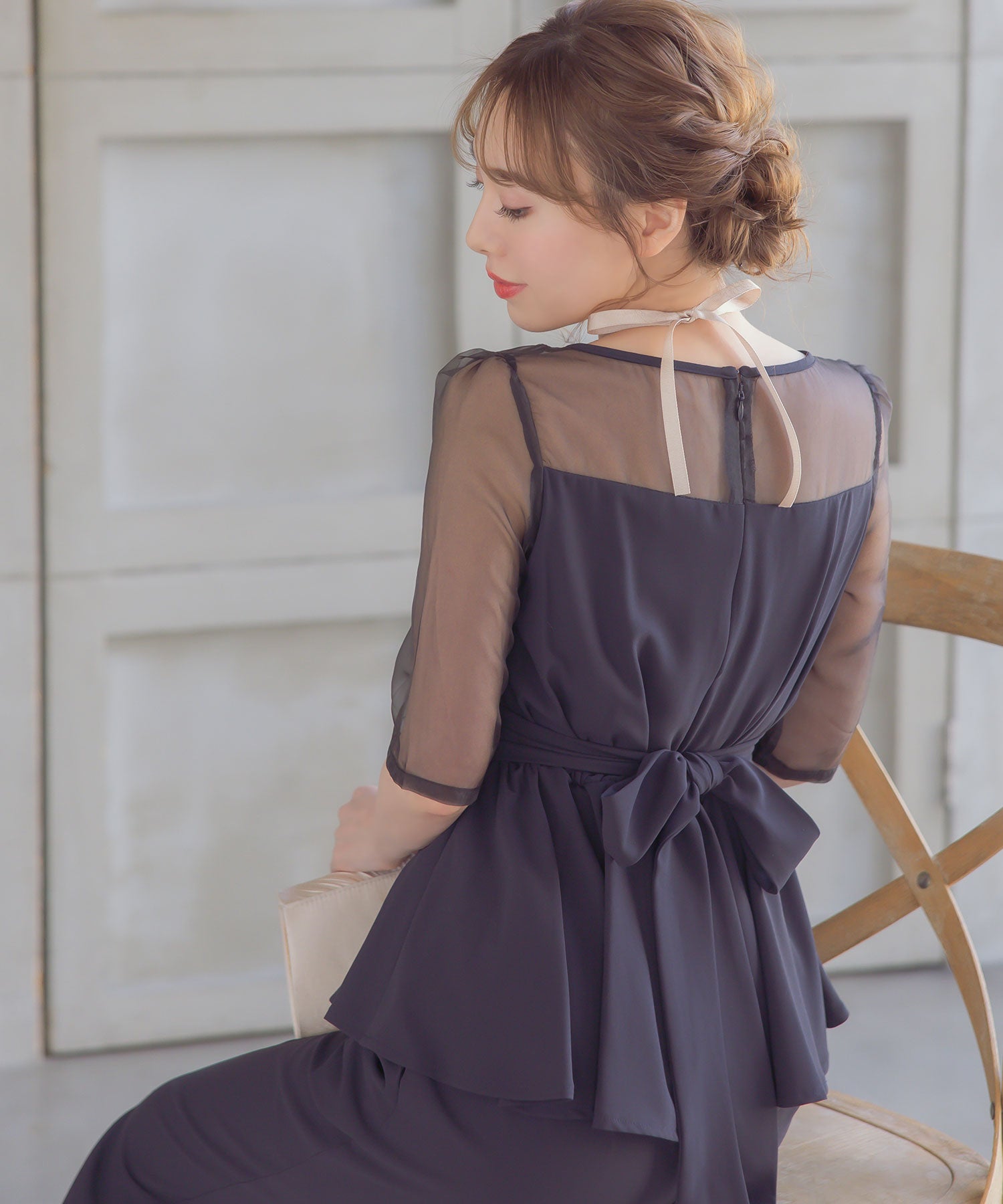 レティカ Retica カシュクールウエストリボンアシメフリルトップス ワイド パンツ ツーピースシアースリーブ セットアップ 結婚式 パーティードレス パンツドレス 大きいサイズ