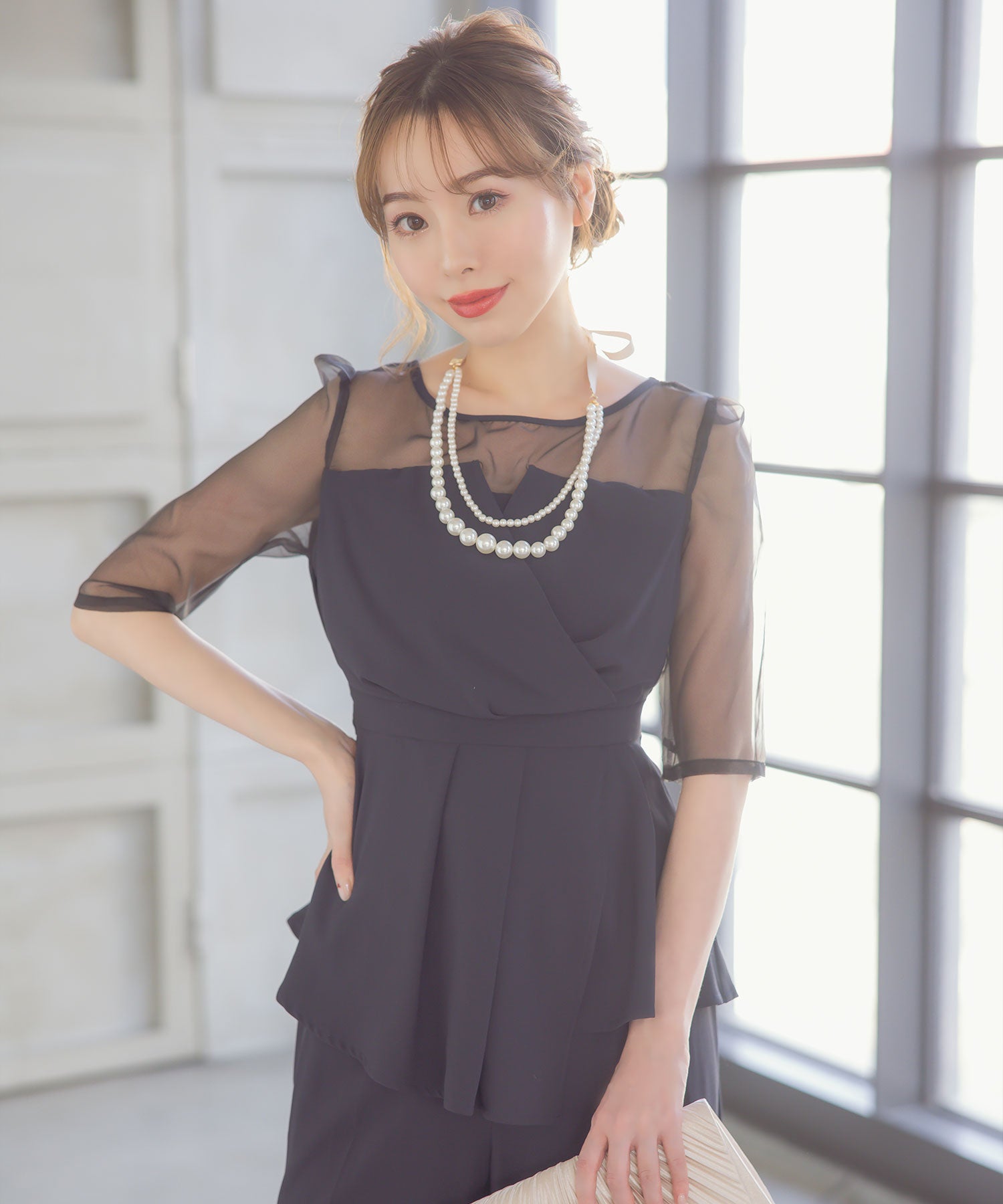 レティカ Retica カシュクールウエストリボンアシメフリルトップス ワイド パンツ ツーピースシアースリーブ セットアップ 結婚式 パーティードレス パンツドレス 大きいサイズ