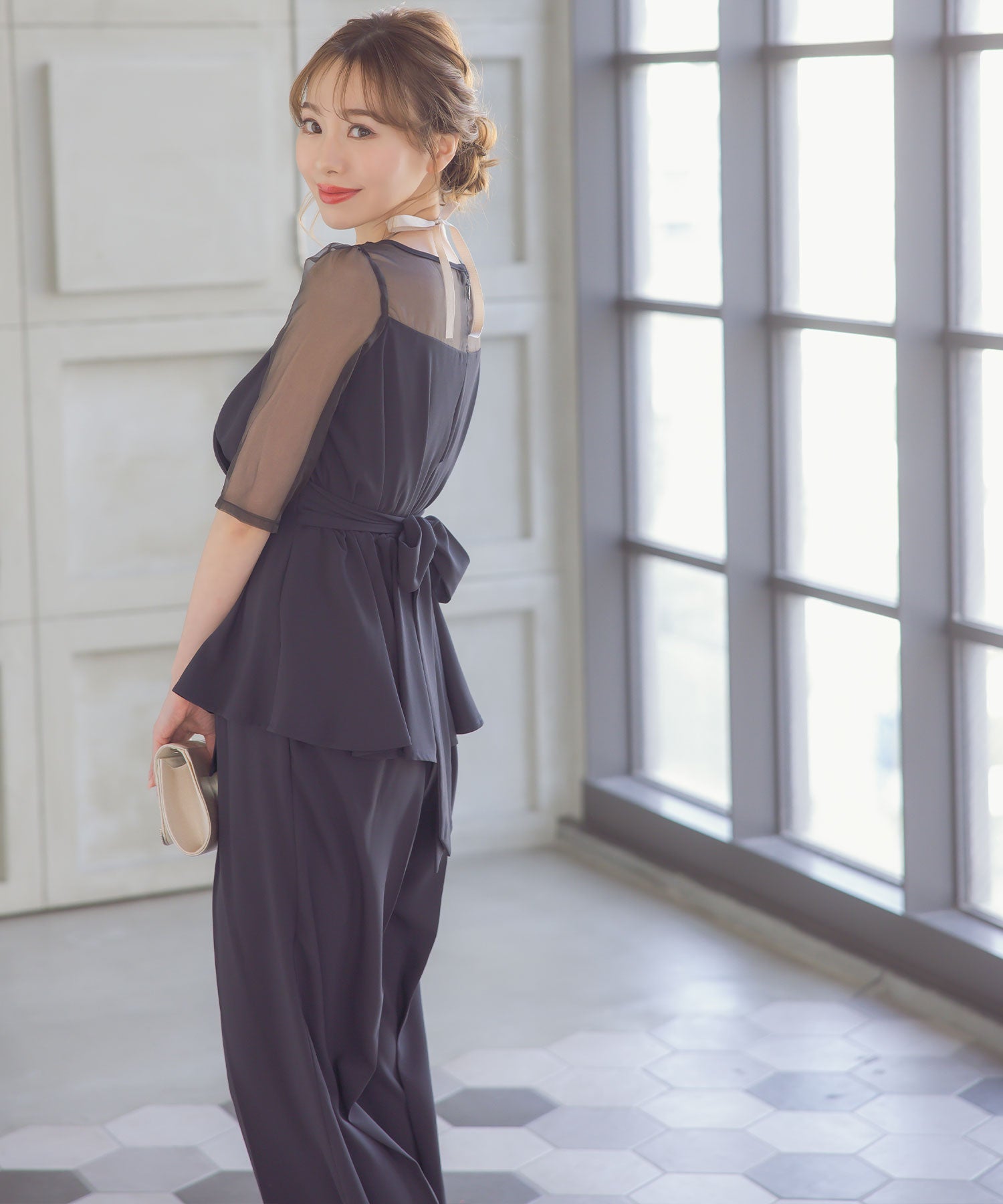 レティカ Retica カシュクールウエストリボンアシメフリルトップス ワイド パンツ ツーピースシアースリーブ セットアップ 結婚式 パーティードレス パンツドレス 大きいサイズ